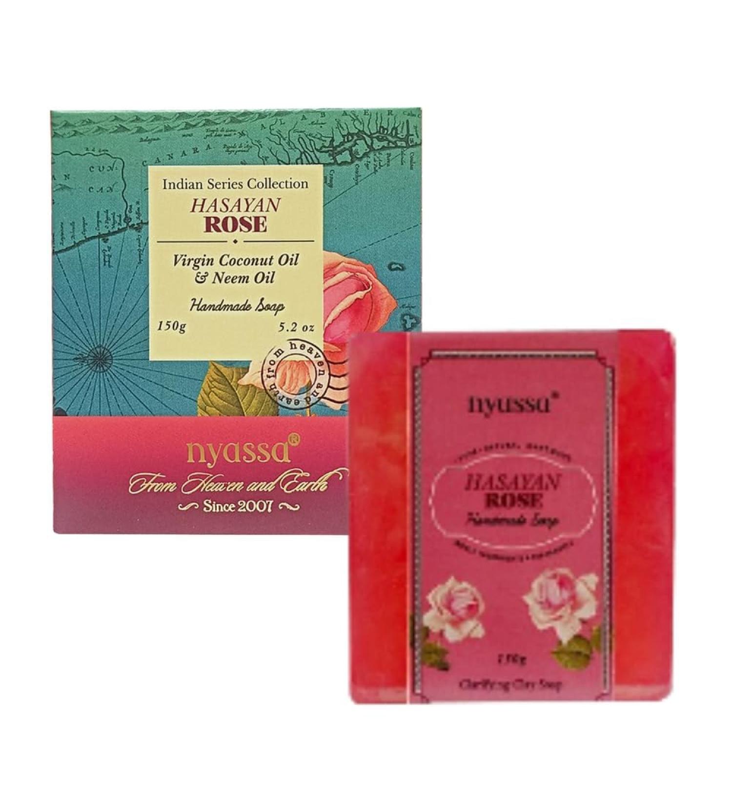Nyass.a Hasayan Rose Luxury Handmade Natural Soap - Neem Virgin Coconut & Organic Wheat Germ Oil | 150gm Natural Cleanser - Buy Online on GoSupps.com