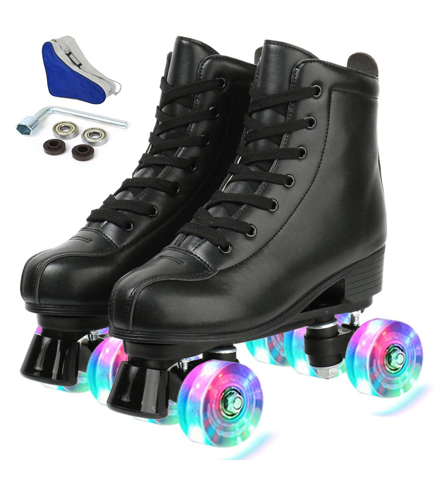 Jessie PU Leather Roller Skates | Adjustable Four-Wheel Premium Skates for Women, Men, Boys, Girls | Flash Wheel | Women's 8 / Men's 6.5 - Buy Online on GoSupps.com