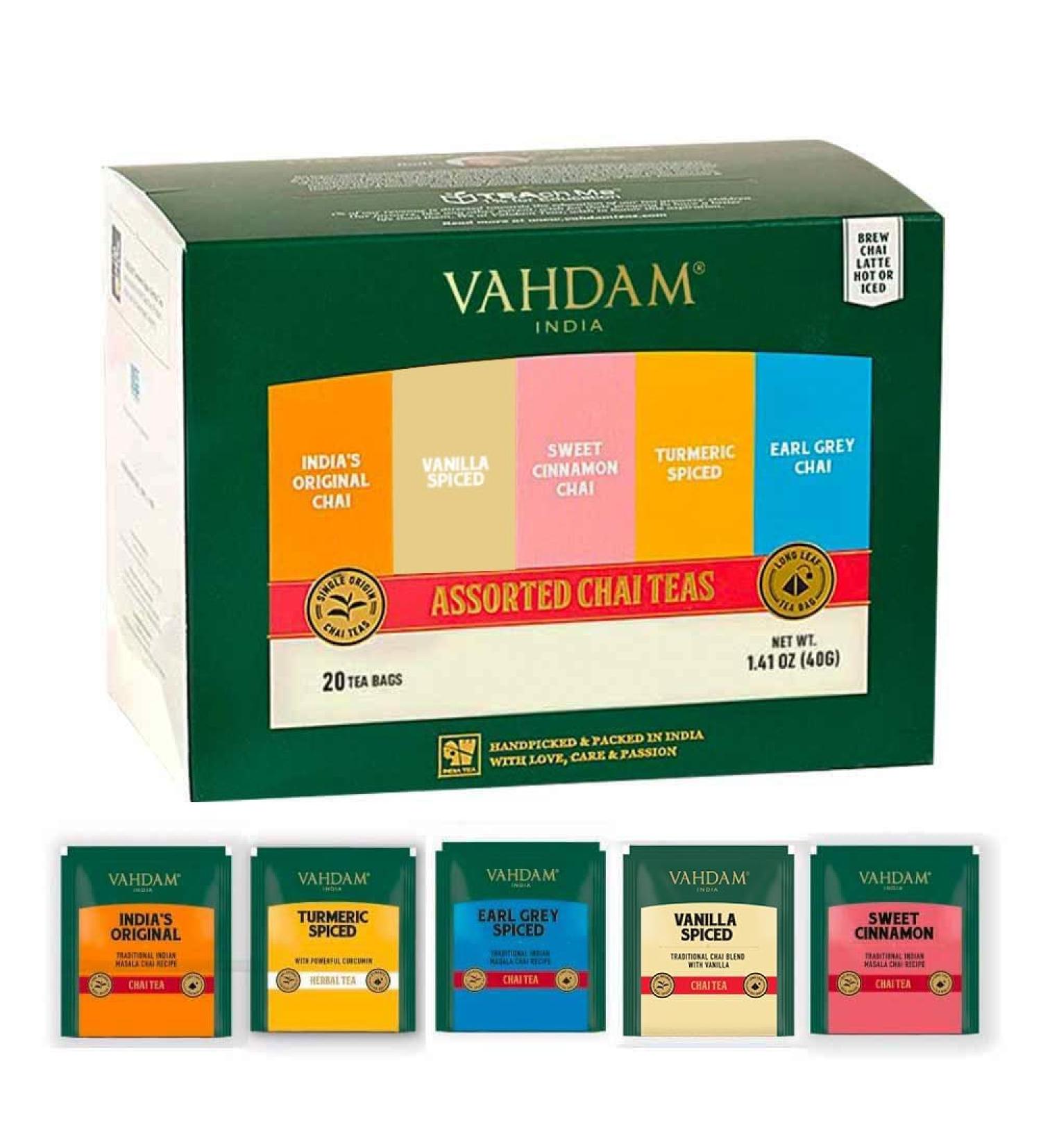 Vahdam Chai Tea Trial Set - 5 Flavors 20 Pieces | Indian Masala Chai Blends | Long-Leafed Tea Bags | Perfect Gift for Tea Lovers - Buy Online on GoSupps.com