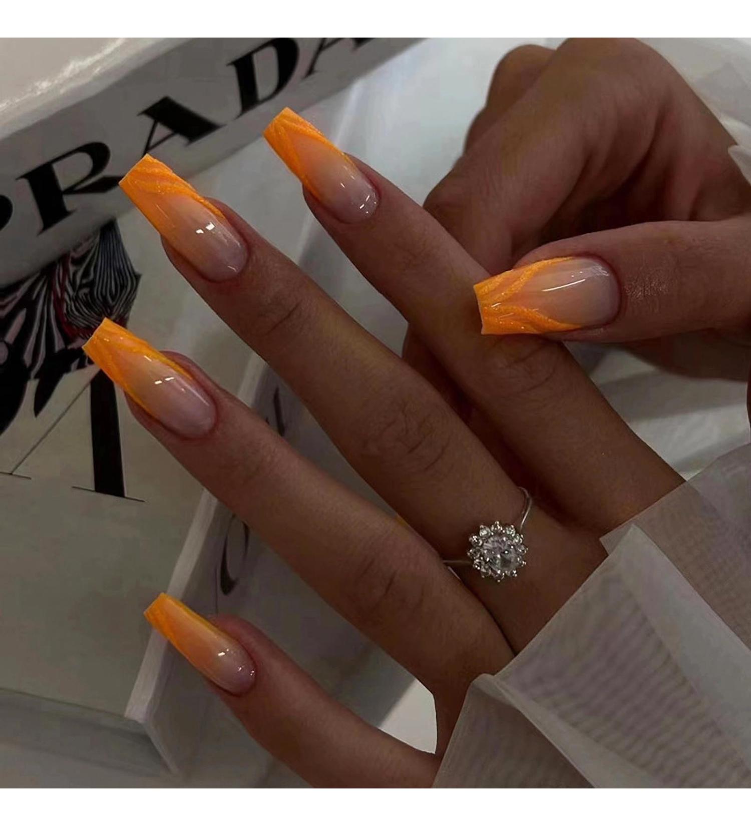 MISUD Coffin Press on Nails - 24 pcs Glossy Orange Ombre Ballerina Acrylic Nails with Glitter Design - Long False Nails for Stunning Looks - Buy Online on GoSupps.com
