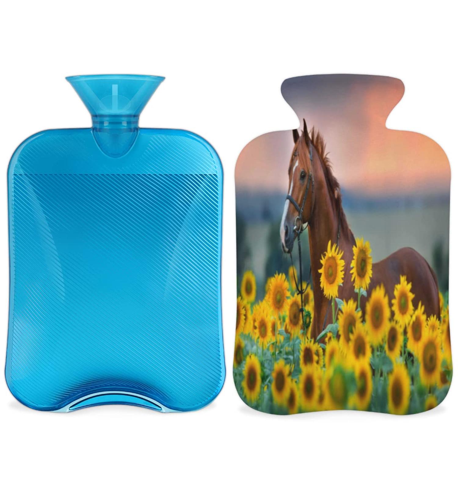 Cozy Horse-Sunflower Heat Bottle | 2L Hot Water Bottle with Fluffy Cover for Pain Relief & Comfort - Buy Online on GoSupps.com