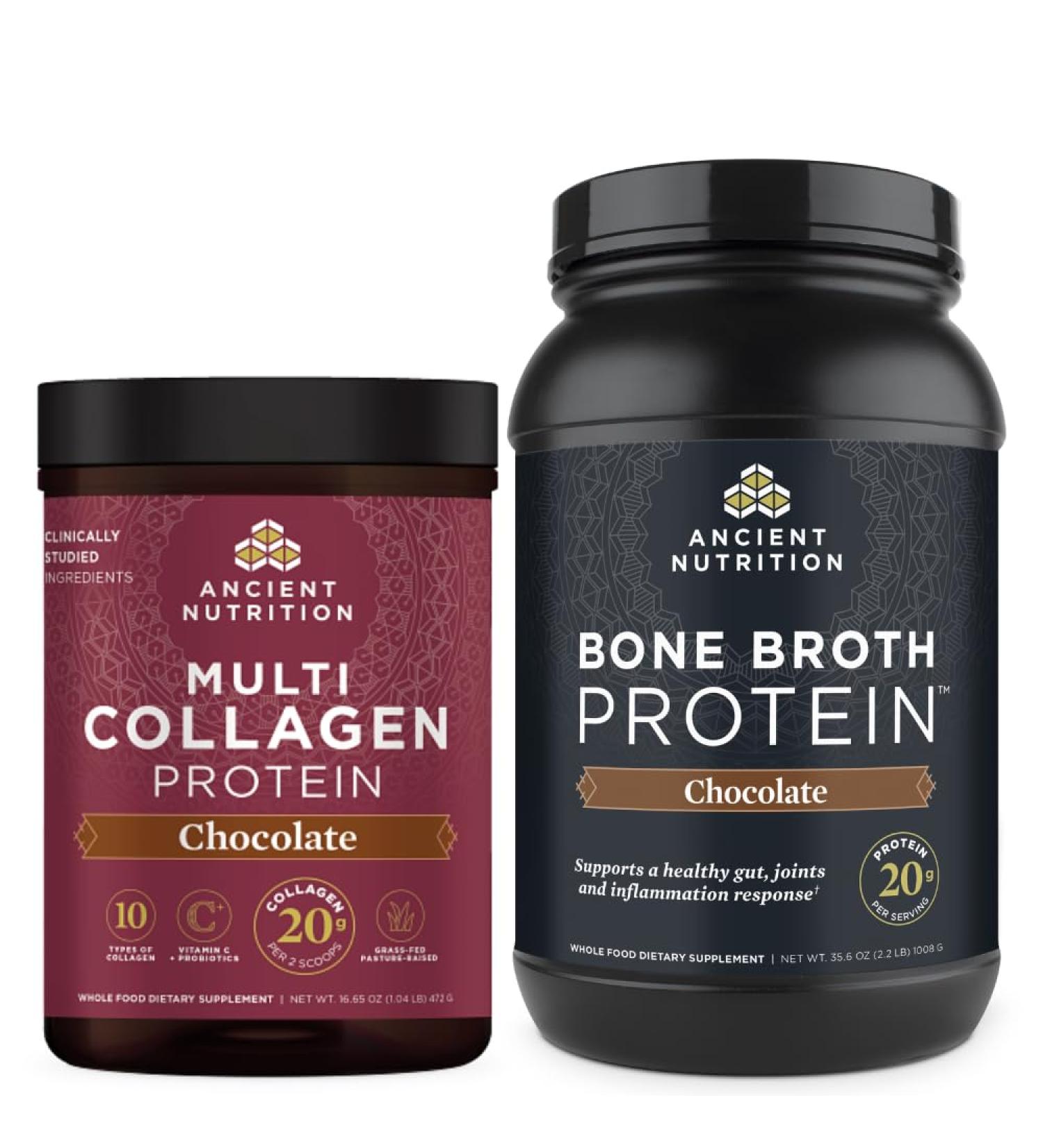 Ancient Nutrition Multi Collagen Protein Powder Chocolate 40 Servings + Bone Broth Protein Powder Chocolate 40 Servings - Buy Online on GoSupps.com