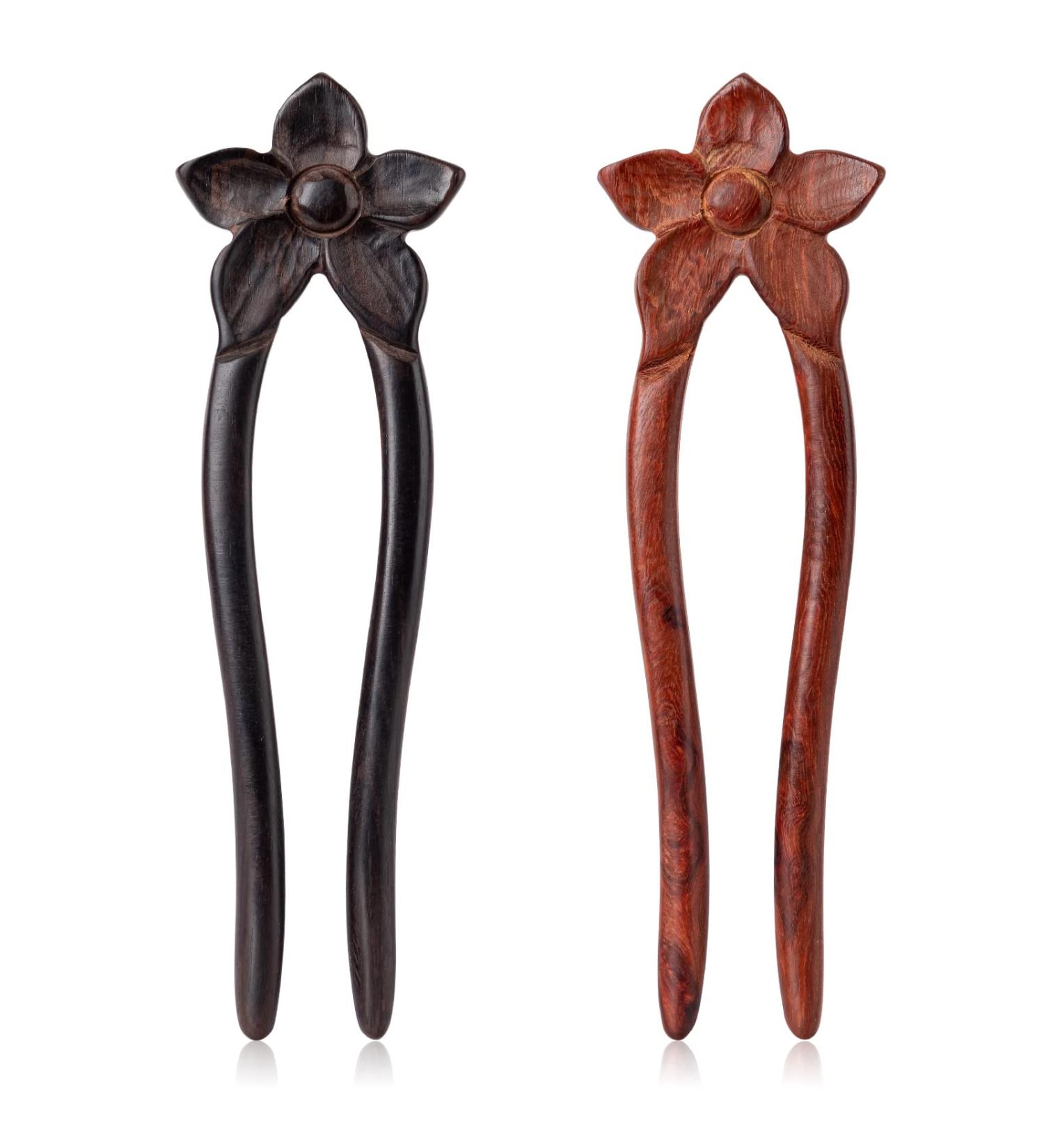 Noverlife 2PCS Handcrafted Ebony Sandalwood French Style U-Shaped Hair Forks with Flower Design - Elegant Updo Chignon Pins for Women and Girls - Buy Online on GoSupps.com