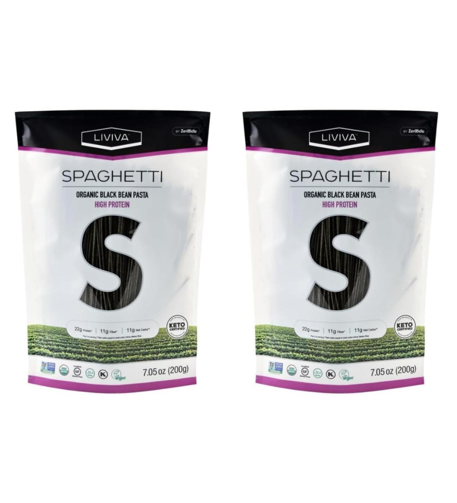 LIVIVA Organic Gluten Free Black Bean Spaghetti Noodle Pasta (2 Pk) 88 g Protein Bag - Certified Plant-Based Non-GMO Kosher Halal Vegan Keto Nutritious Pasta Plant-Based Protein Ready-to-Eat in minutes - Buy Online on GoSupps.com