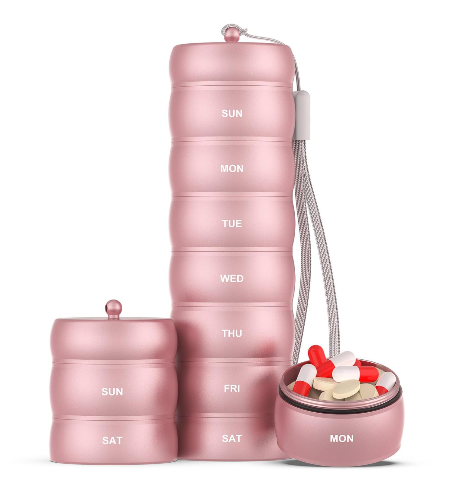 Stylish Metal Weekly Pill Organizer - Waterproof & Portable Aluminum Case for 7 Days of Pills Vitamins & Supplements - Pink - Buy Online on GoSupps.com