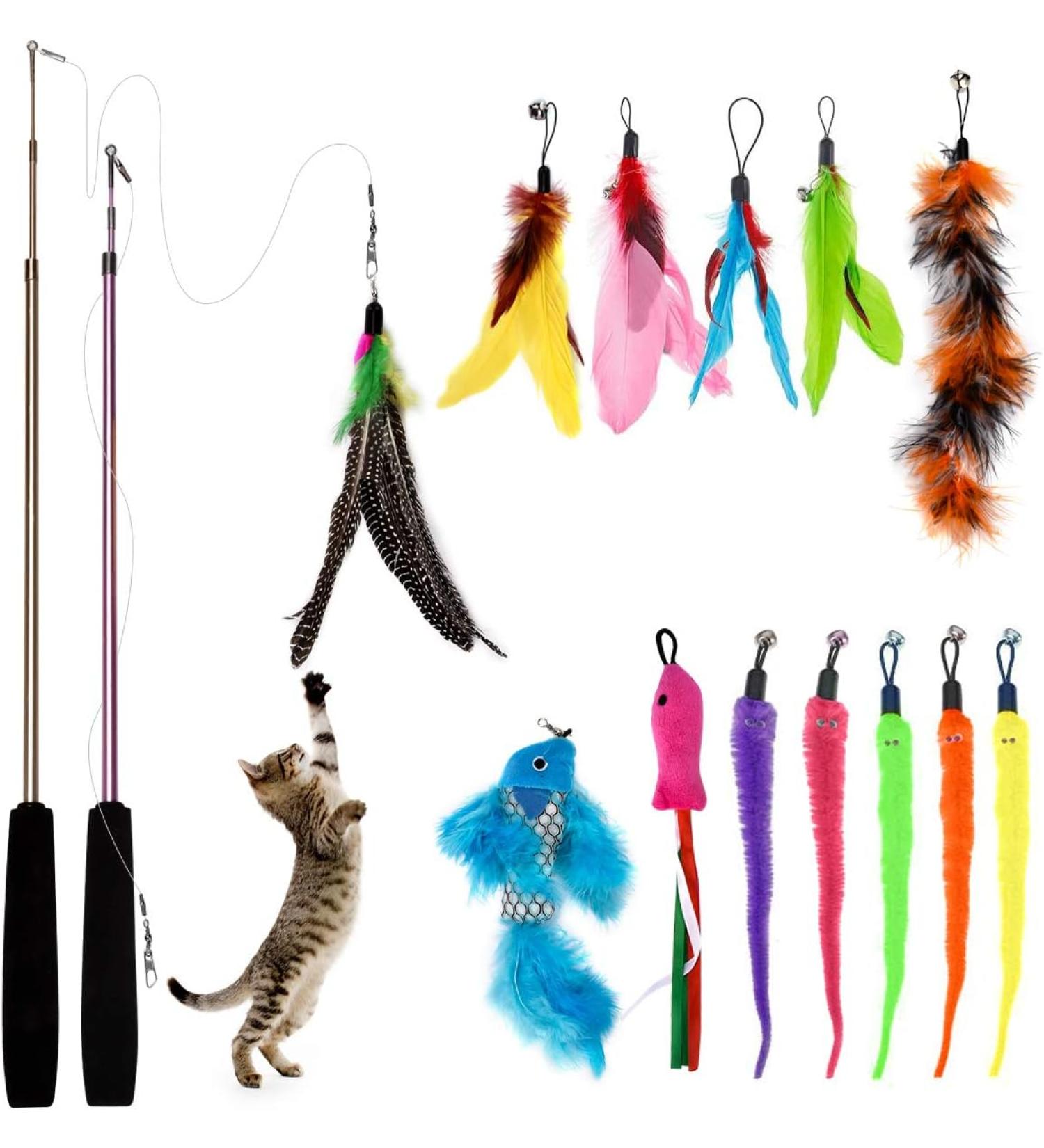 Bojafa Cat Toys for Indoor Cats Adult: Interactive Kitten Feather Wand Toys 15 Pcs Cat Teaser Toys - Buy Online on GoSupps.com