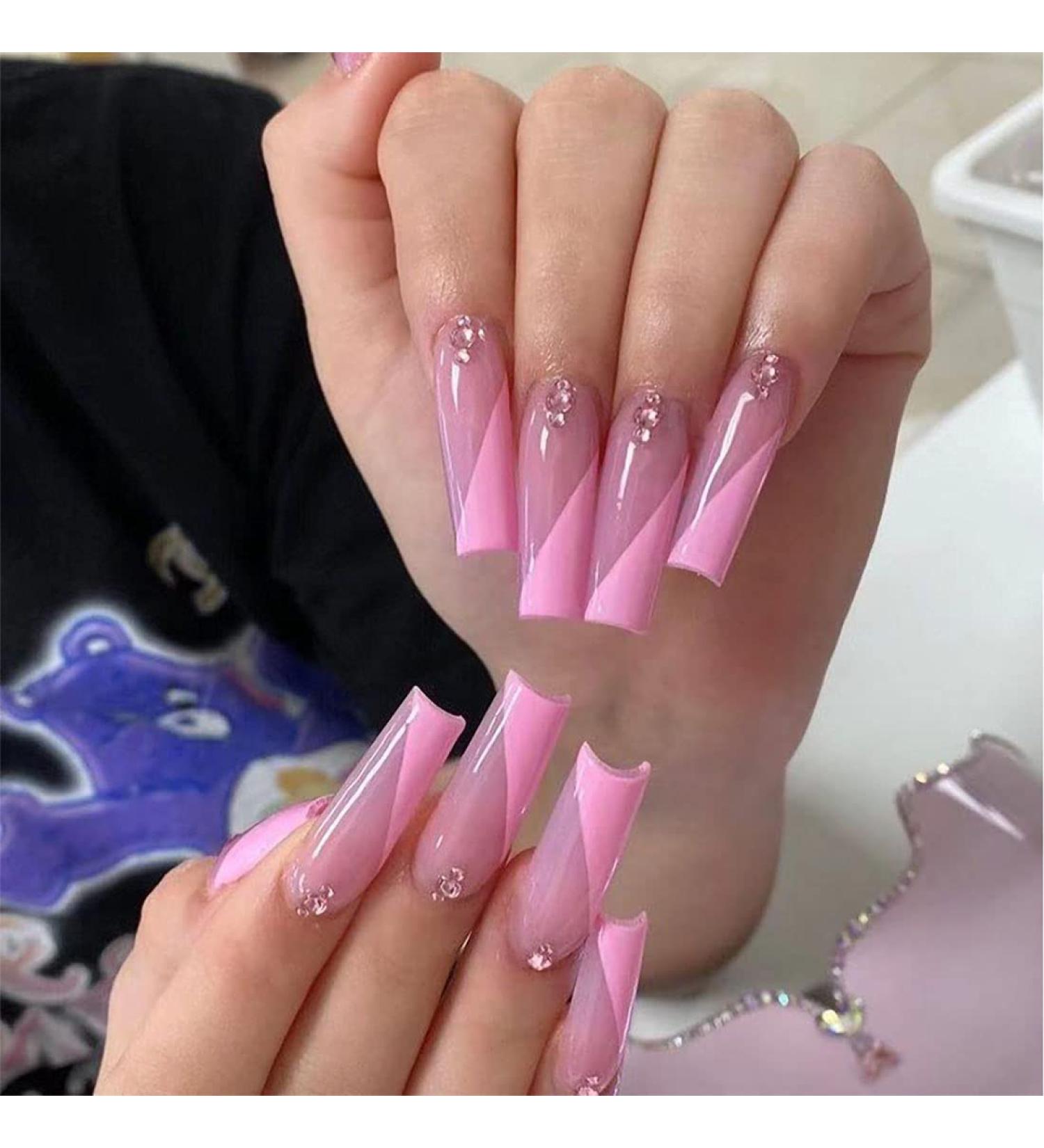 Rhinestone False Nails - 24PCS Extra Long Pink Ballerina Full Cover Artificial Nail Tips for Women & Teen Girls | Shop Internationally - Buy Online on GoSupps.com