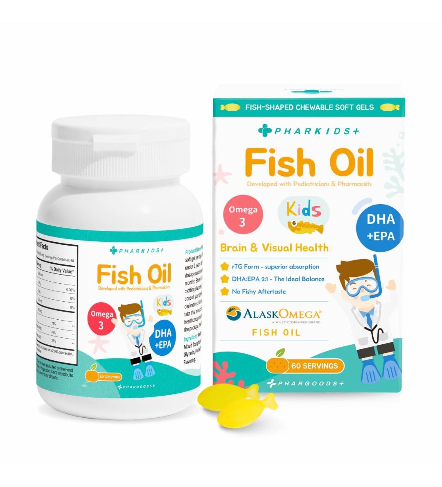 PHARGOODS+ Kids' Fish Oil 272mg Omega-3 DHA & EPA for Brain Vision & Immune Support Orange Flavor Fish-Shaped Soft Gels 60 Servings - Buy Online on GoSupps.com