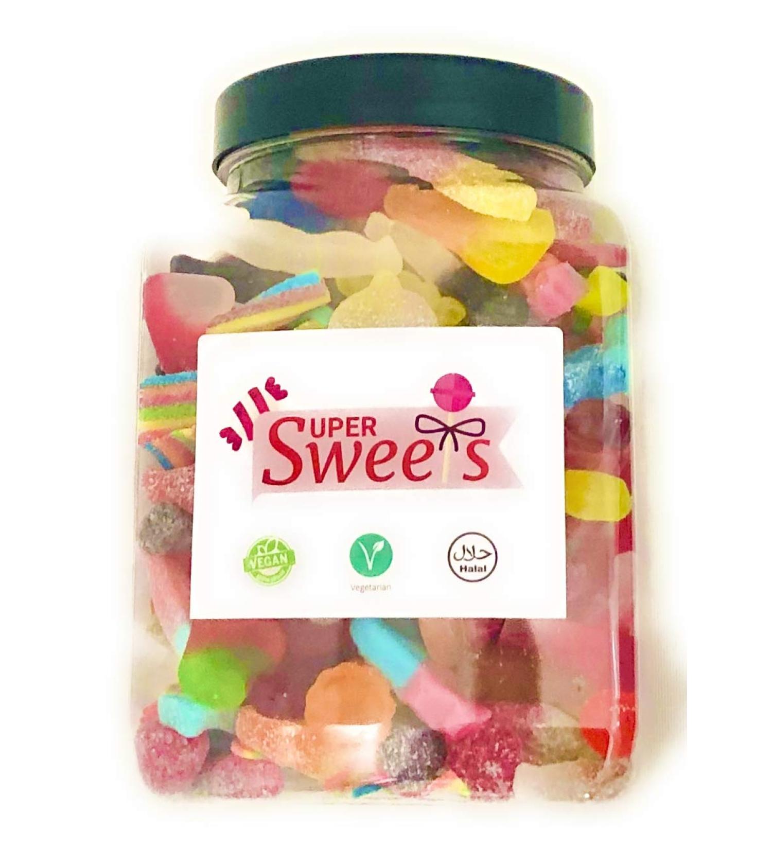 Super Sweets Vegan Sweet Sour And Fizzy Jelly Sweet Mix Gift Jar 1.6Kg