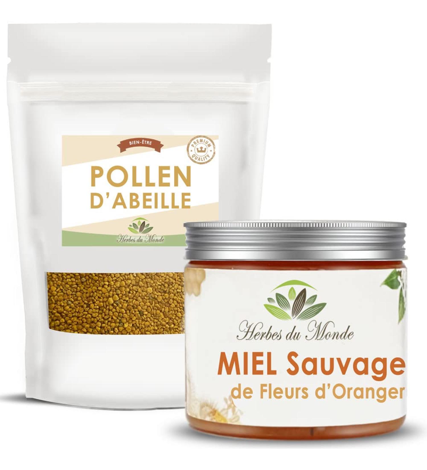Herbes du Monde - DUO d Apiculture: Pollen d'Abeilles BIO & Miel Sauvage Fleur d'Oranger 250g - Soutien Immunitaire & nerg tique Puret Nutritionnelle Bienfaits Naturels Ruche - 1 sachet et 1 pot