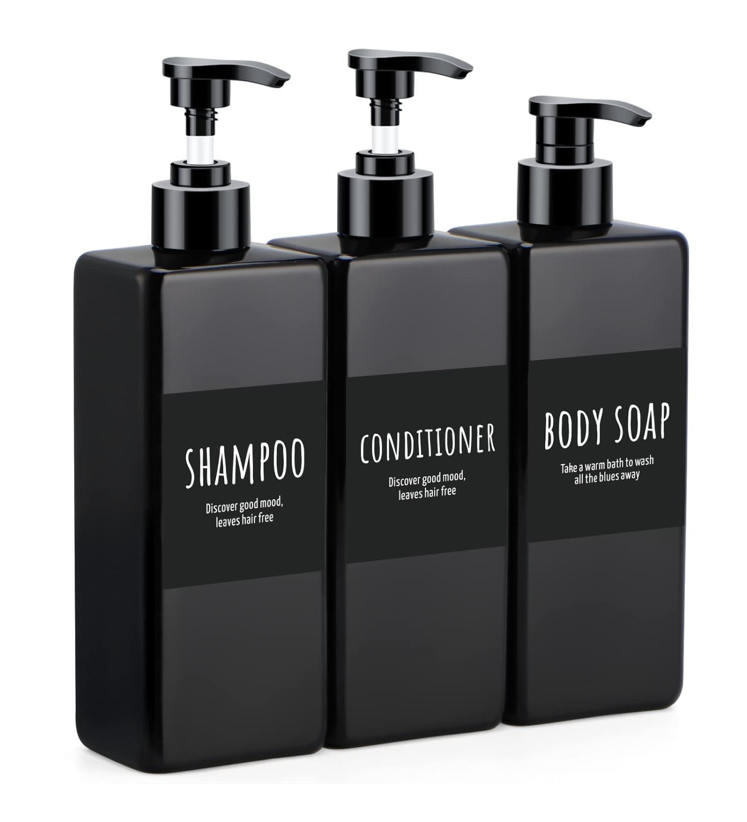 Segbeauty 3pcs 16.9oz Shower Refillable Dispenser Set with Labels Black 500ml Pump Bottles for Body Wash, Shampoo, Conditioner, Lotion Bathroom Shower Containers - Buy Online on GoSupps.com