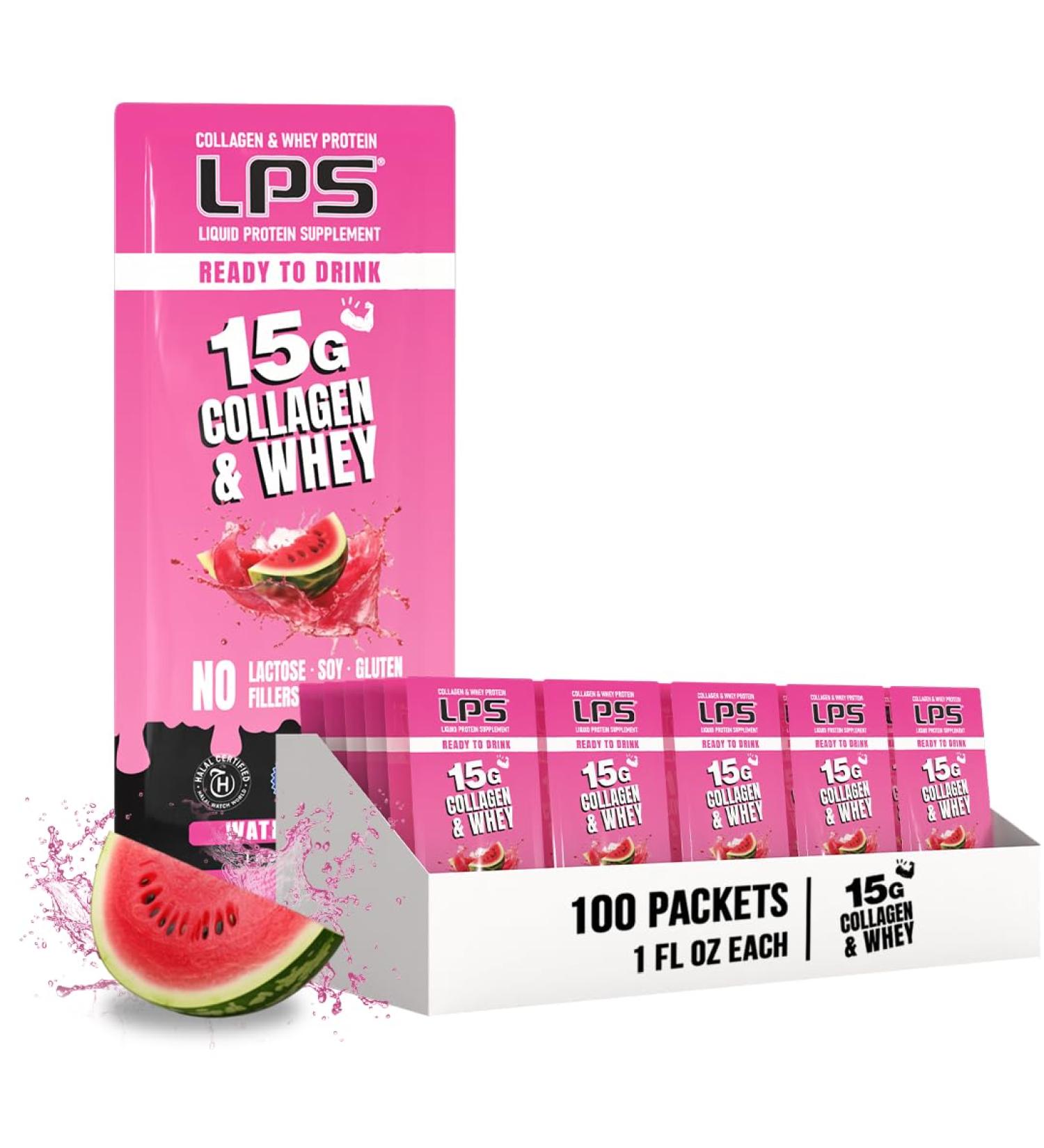 Nutritional Designs LPS Liquid Collagen & Whey Protein Supplement - Non-GMO Drink Sugar-Free - Promotes Healthy Skin & Hair for Men & Women Watermelon Single Serve (100 Packets) - Buy Online on GoSupps.com