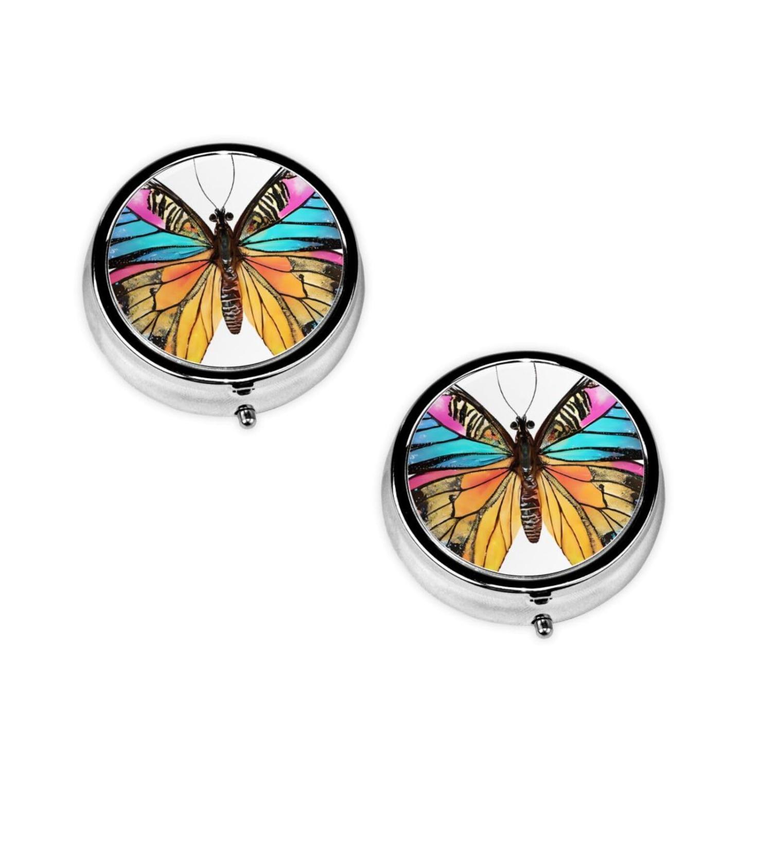 Colorful Butterfly Round Pill Box | 3 Compartment Travel Medicine Organizer & Portable Vitamin Holder - Buy Online on GoSupps.com