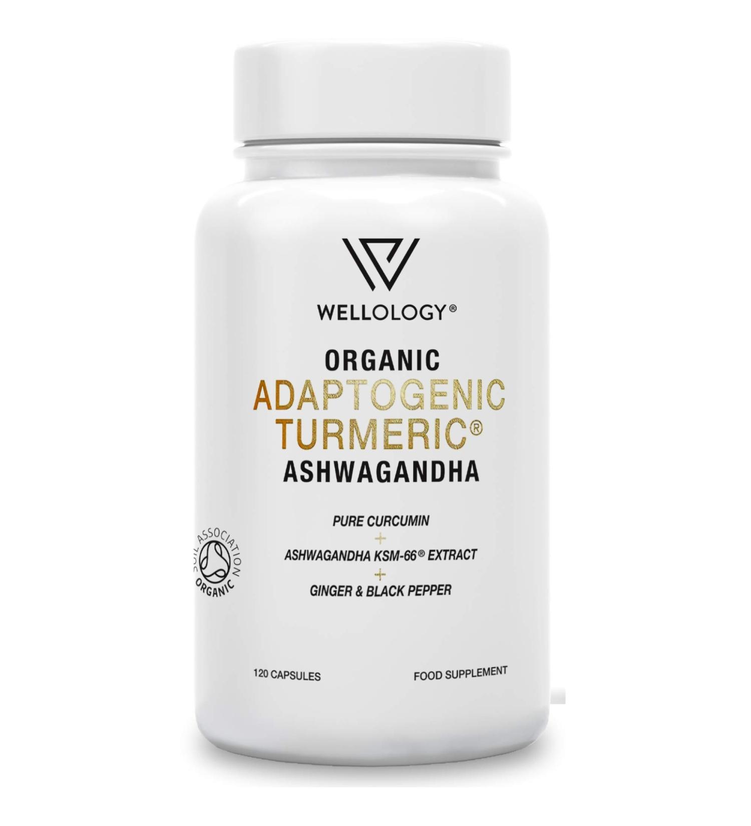 Organic Turmeric Capsules with Ashwagandha & Ginger - 1800mg High Strength Formula for Adaptogenic Support - 120 Vegan Tablets by Wellology - Buy Online on GoSupps.com