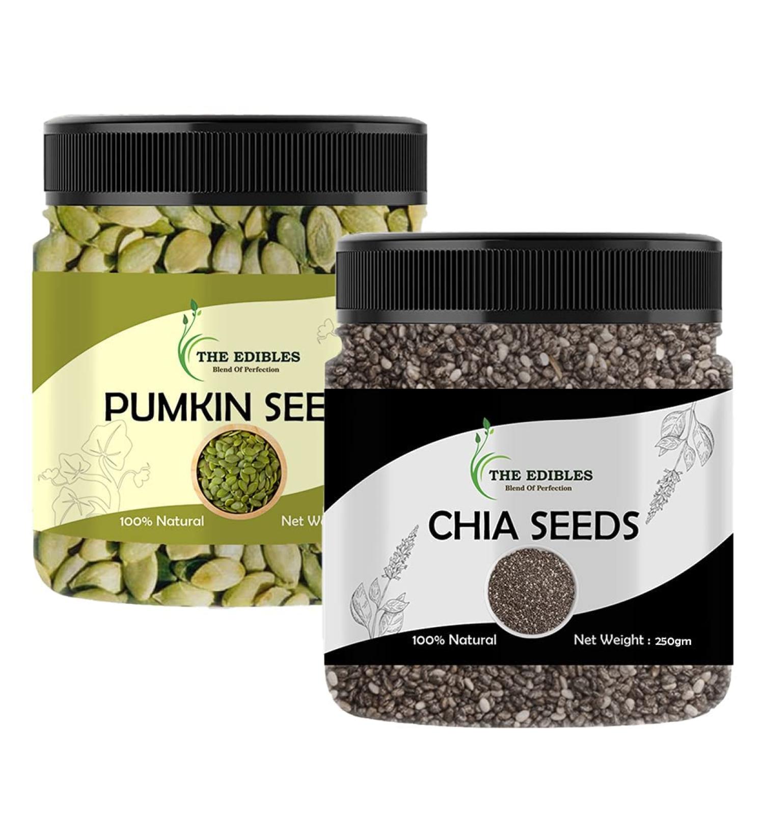 THE EDIBLES Combo Pack of Chia Seeds- Chia Seeds for Eating and Raw Pumpkin Seeds 250gm Each Total 500 gms_Packing May Vary - Buy Online on GoSupps.com