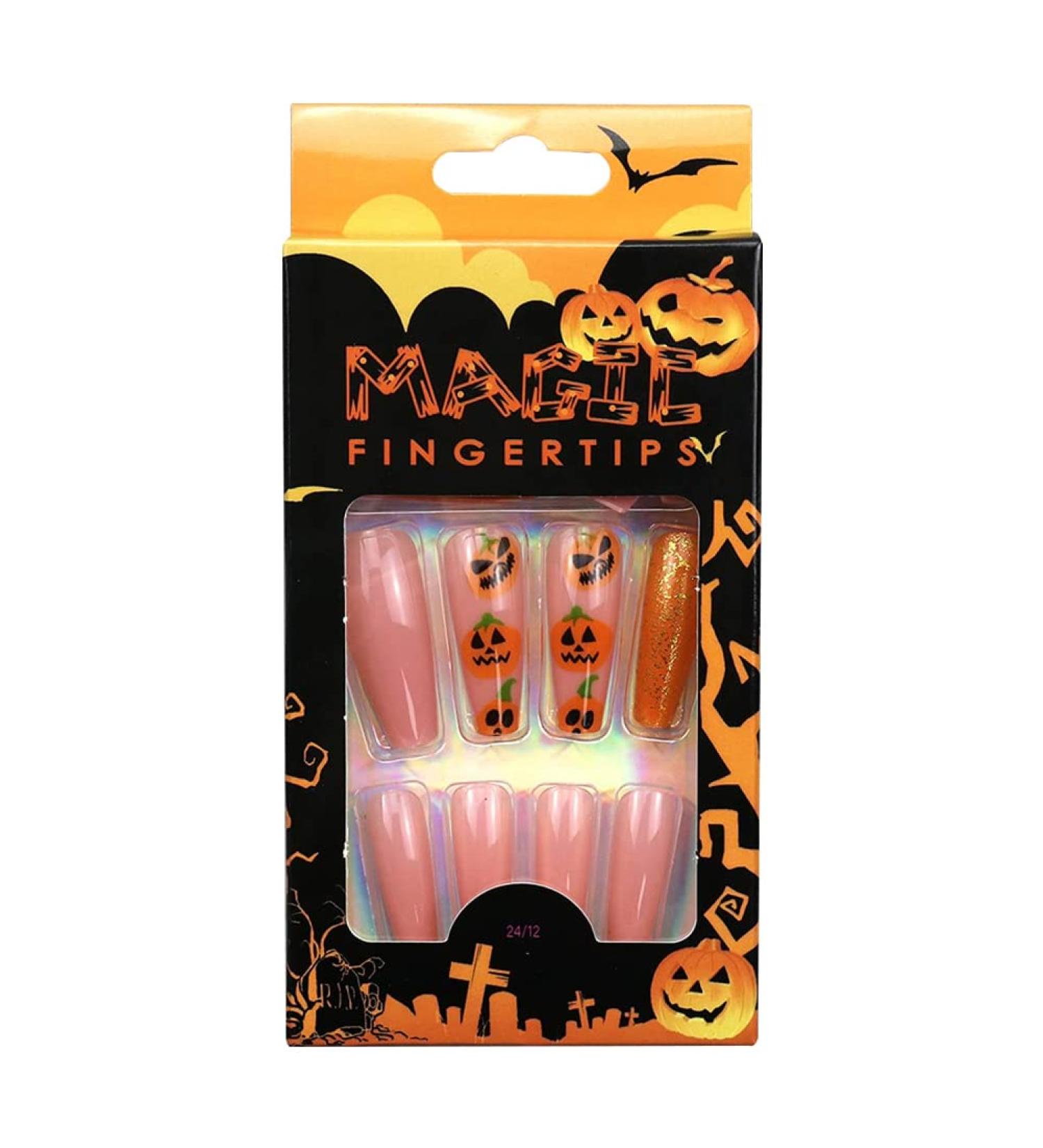 Halloween Nail Tips Halloween Press on Nails Medium Length Fake Nails Acrylic Nails Pumpkin Black Flame Cross Nails Fake Nails Glue Nail Decoration - Buy Online on GoSupps.com