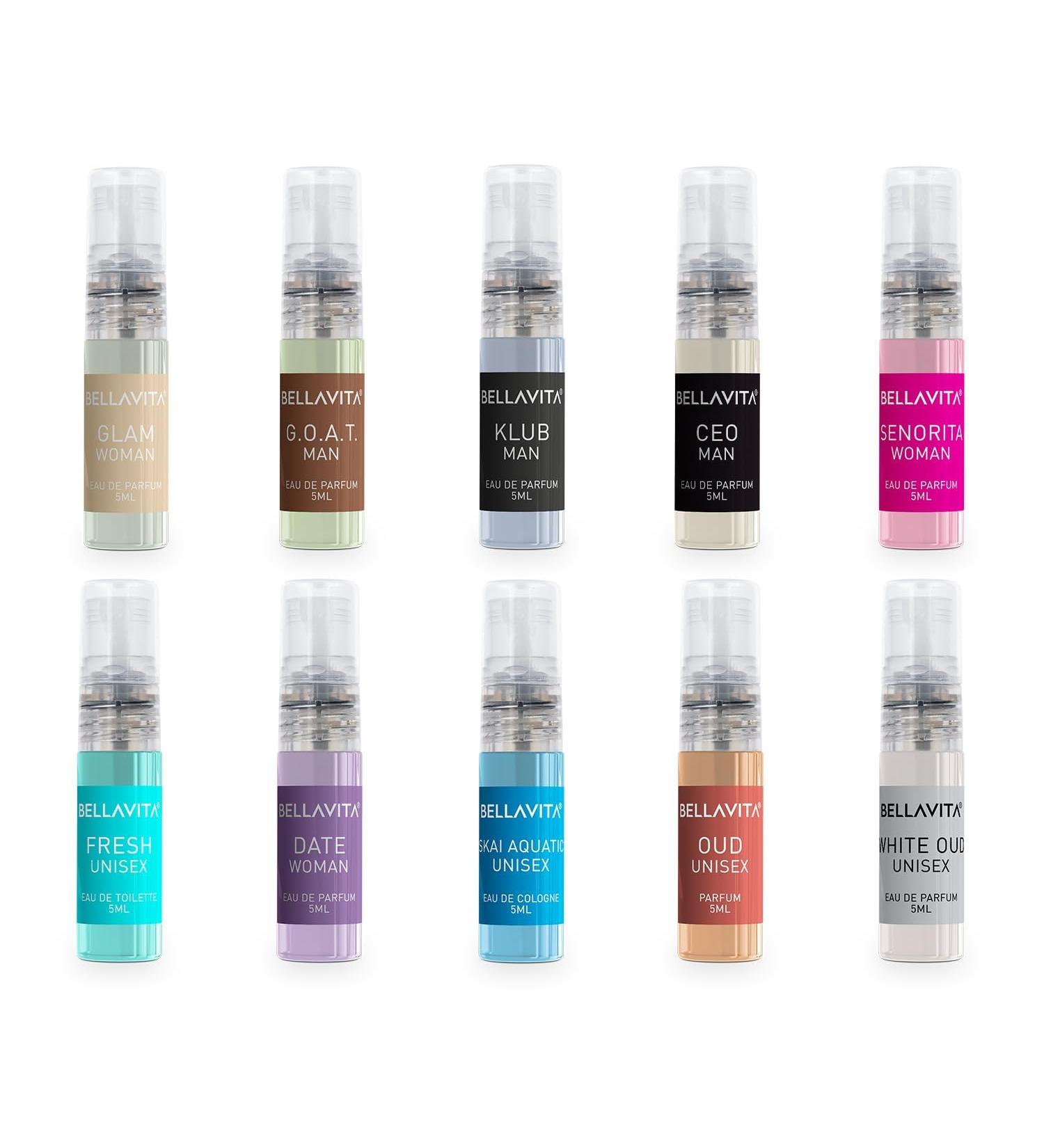 Bella Vita Luxury Men & Women Trial Pack Of 10 X 5Ml Pocket Aerosol Perfumes Unisex Fresh Scent Fragrance Mix Of Edp Edt & Edc Long Lasting Perfume Sweet Floral Woody Musky & Spicy - Buy Online on GoSupps.com