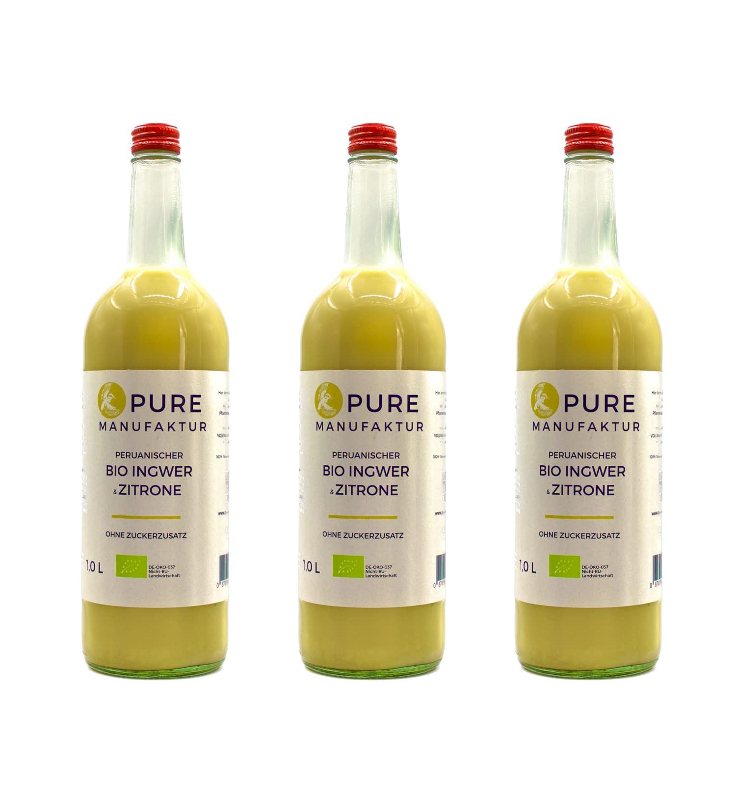 Pure Ginger-High-quality Peruvian organic-ginger with a lemon without sugar and artificial additives 100% organic (DE- KO-005) 3x1000ml organic ginger-with lemon 3x1000ml