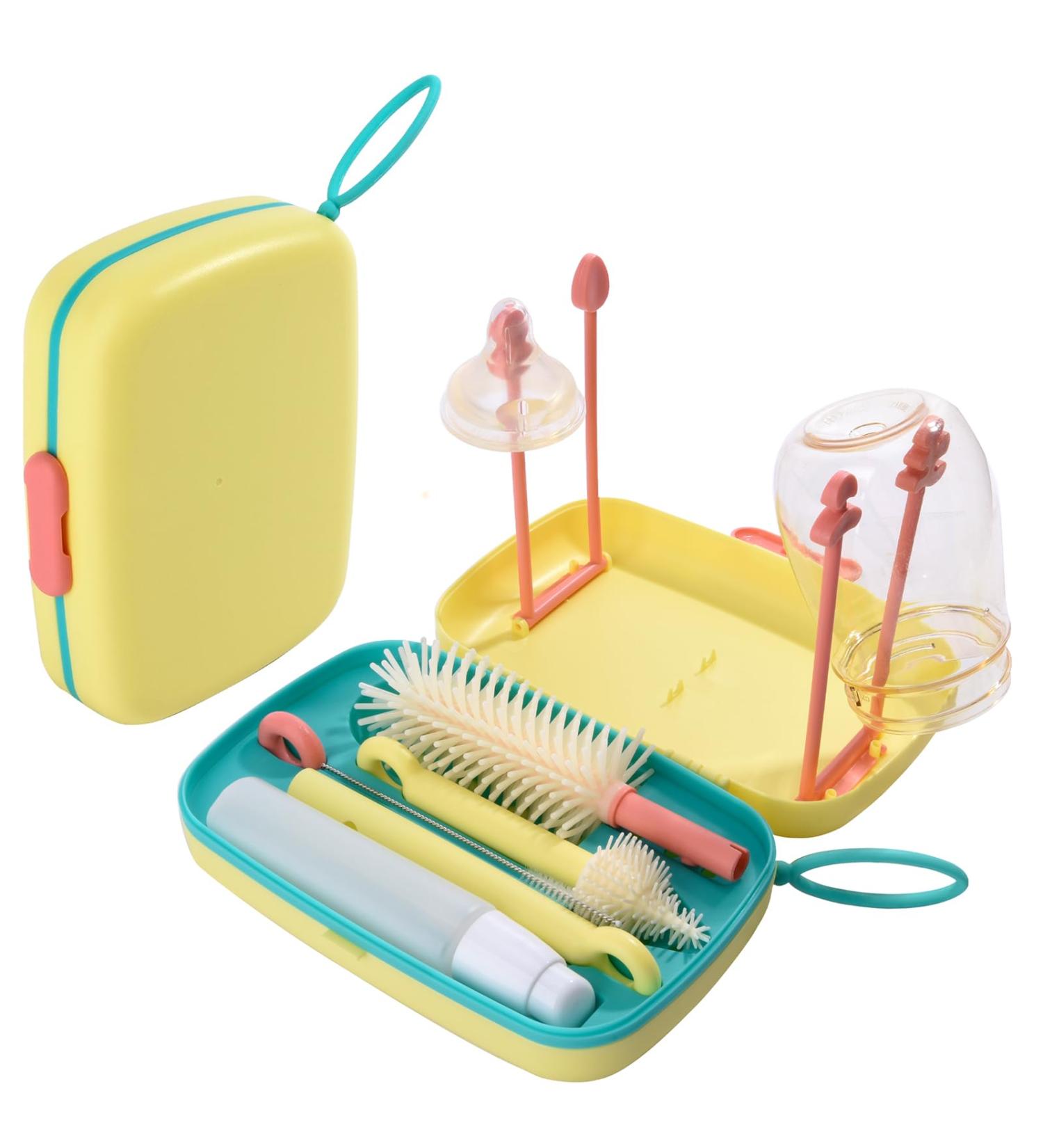 Bebamour Travel Baby Bottle Brush Set - Portable Silicone Cleaner, Straw Brush, Soap Dispenser, Drying Rack (Yellow) - Buy Online on GoSupps.com