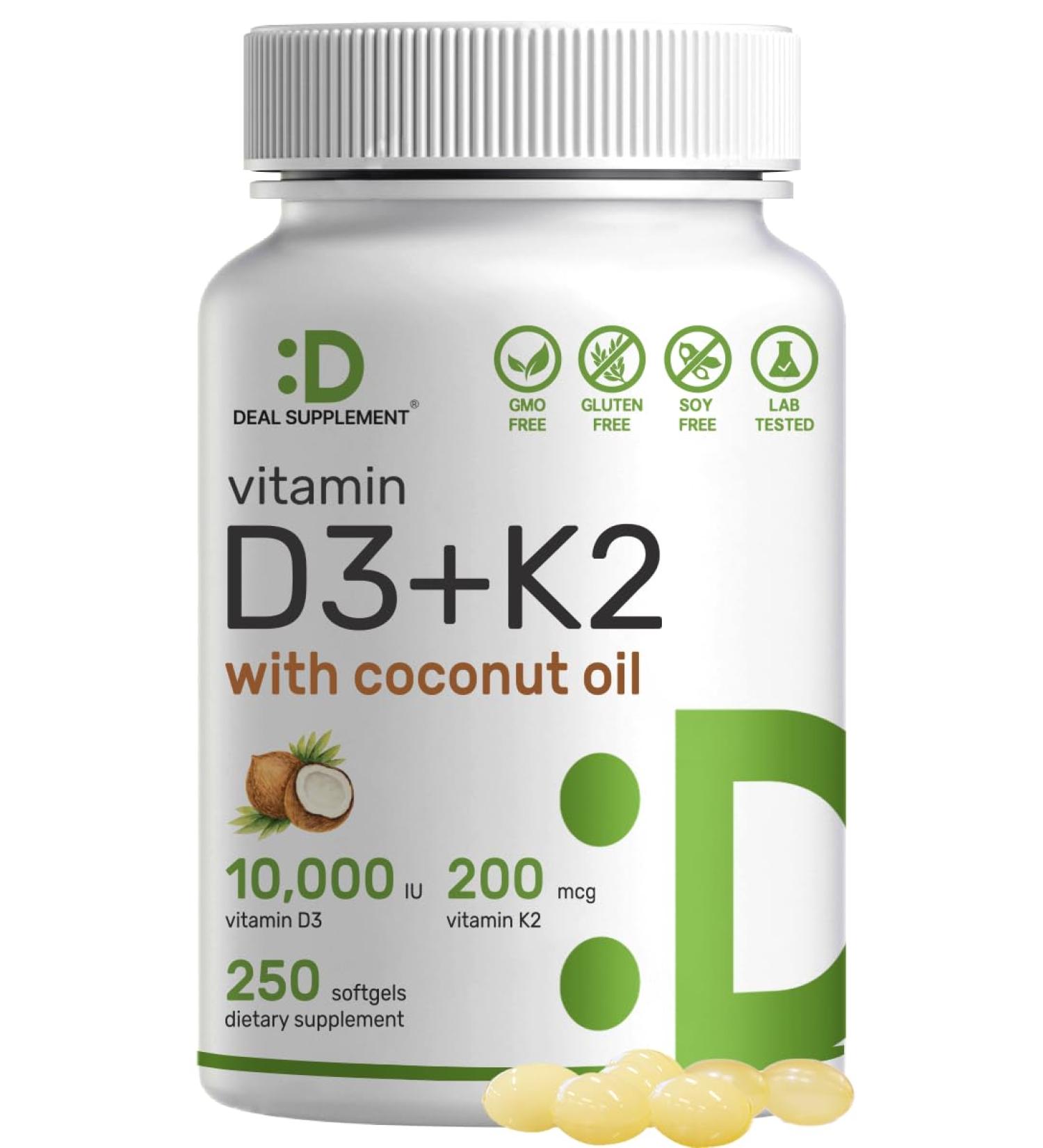 Vitamin D3 10,000 IU + K2 MK7 200 mcg Softgels with Coconut Oil - 250 ct Double Strength for Heart, Bone & Teeth Health - Easy to Swallow - 180 ct - Buy Online on GoSupps.com