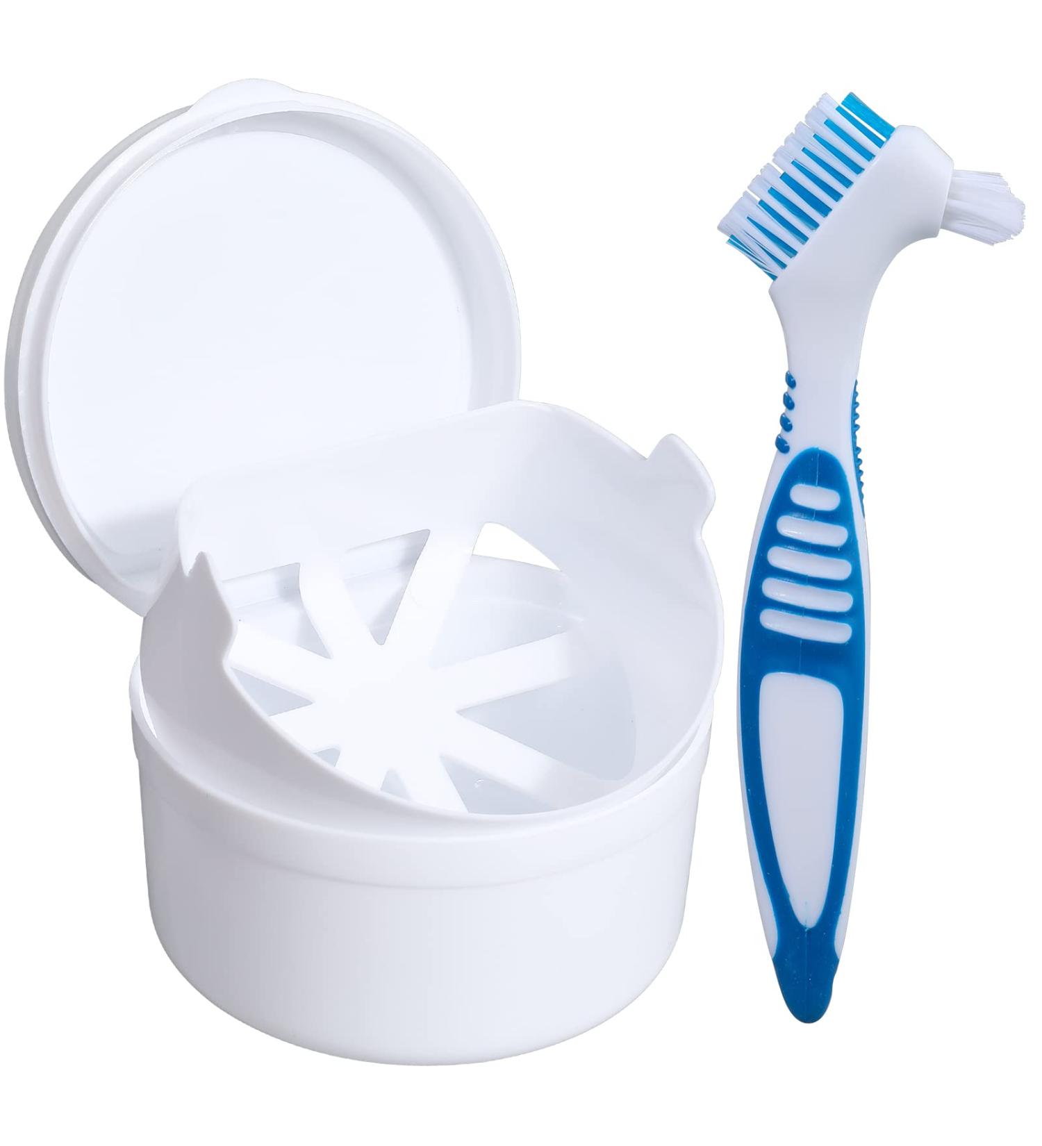 Denture Bath Box with Basket - Complete Clean Care Case for False Teeth, Braces, Night Guards & Retainers - Travel-Friendly Soaking Container with Free Brush (White) - Buy Online on GoSupps.com