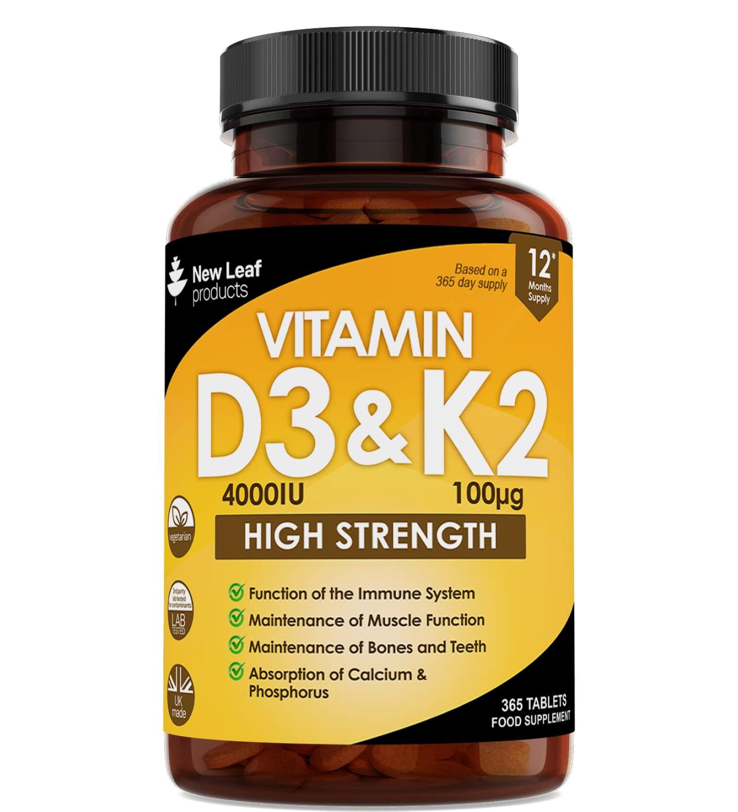 Vitamin D3 K2 - 4000iu & 100ug (MK7) 1 Year Supply for Immunity & Bone Health | Non-GMO Vegetarian Tablets | UK Made by New Leaf 365 - Buy Online on GoSupps.com