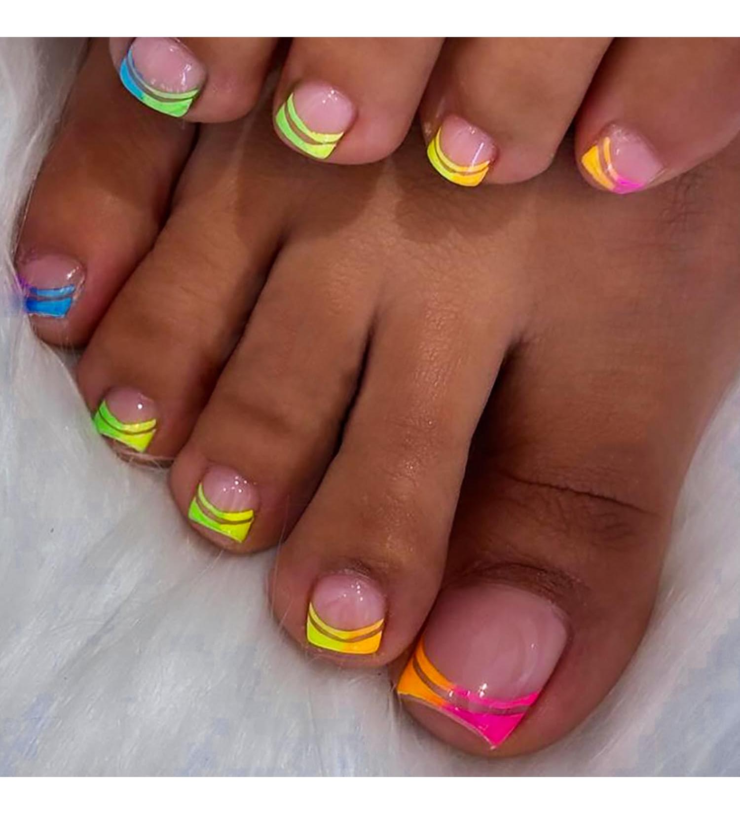 Double Rainbow French Tip Toenails | Neon Ombre Press On Nails | Cute Short Acrylic Fake Toenails for Women - Buy Online on GoSupps.com