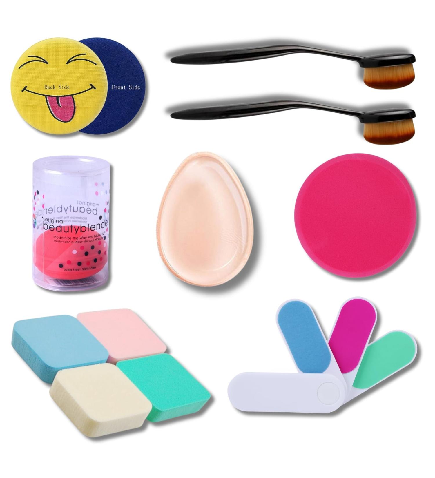 Out Of Box 11-Piece Beauty Tool Combo - Includes 2 Oval Makeup Blush Brushes 1 Emoji Puff 1 Blender 1 Silicone Blender 2-in-1 1 Big Puff 4 Makeup Sponges 1 Nail File 4-in-1