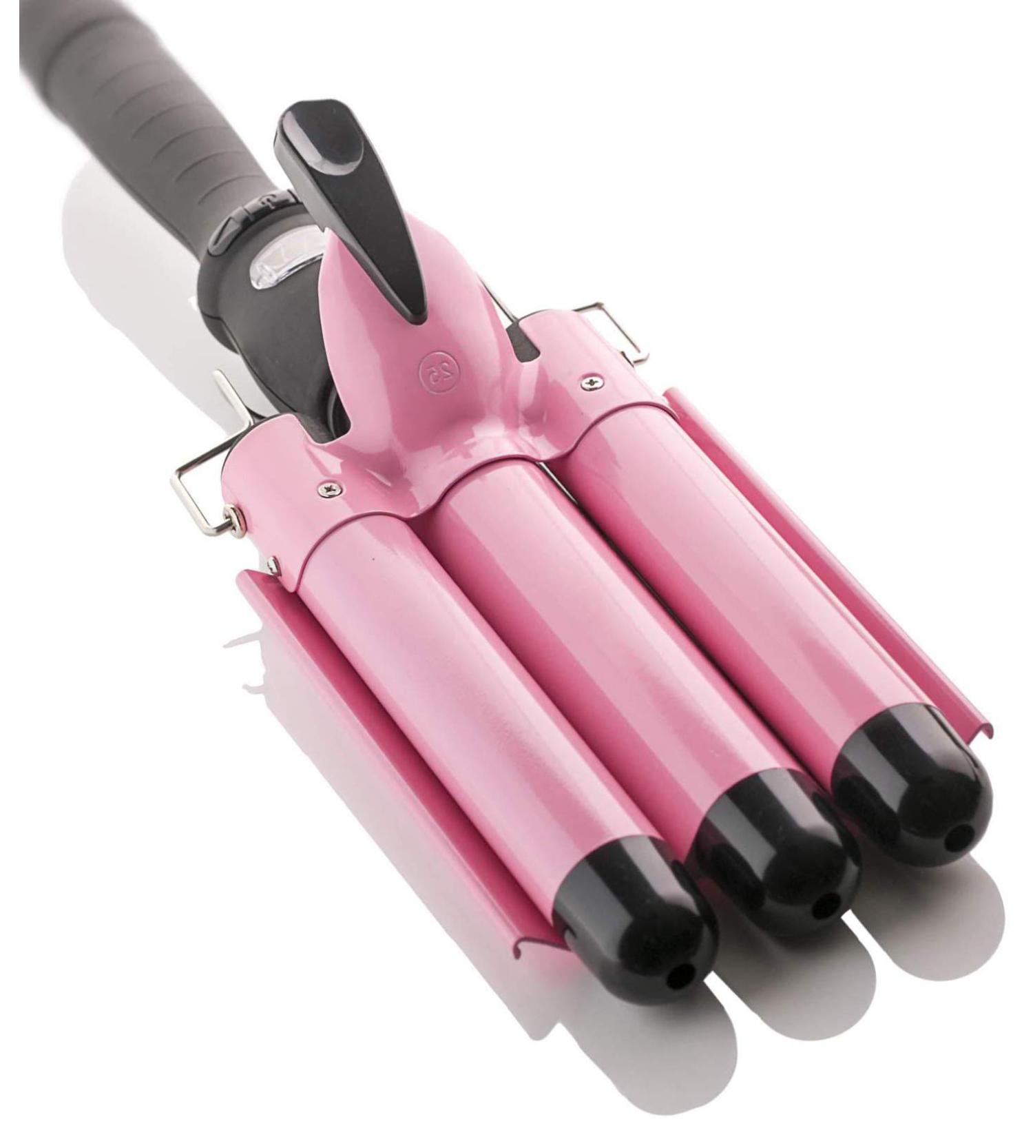 Alure 1 Inch Ceramic Tourmaline Three Barrel Curling Iron Wand with LCD Display - Dual Voltage Crimping Tool for Beachy Waves - Pink/Black - Buy Online on GoSupps.com