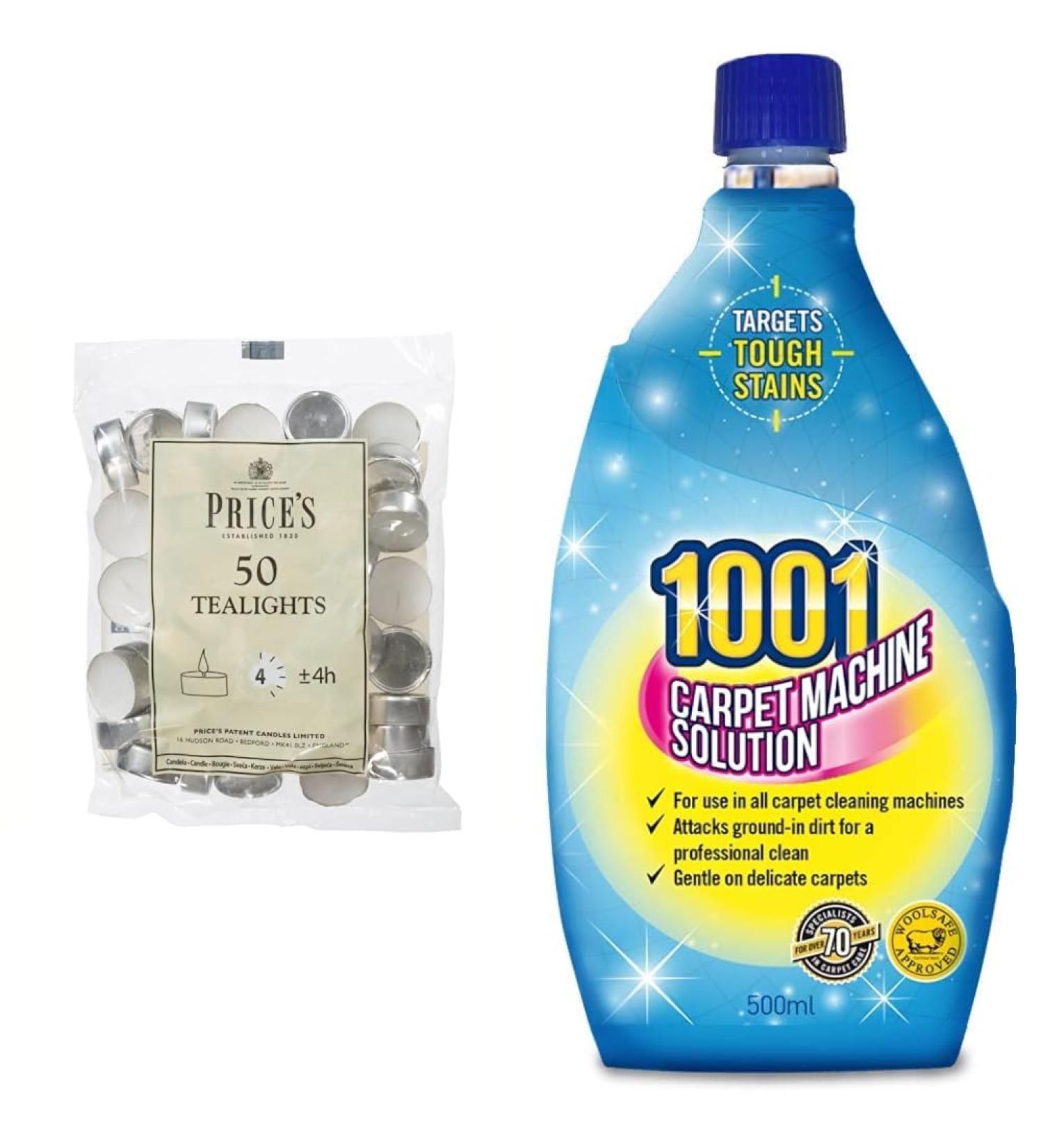 Prices Patent Candles White Tealights Bag Pack of 50 Wax l x 3.8cm w x 1.8cm h & 1001 Carpet Machine Solution Perfect for Large and High Traffic Areas Gentle On Upholstery and Carpets 500 ml + Carpet Machine Solution - Buy Online on GoSupps.com