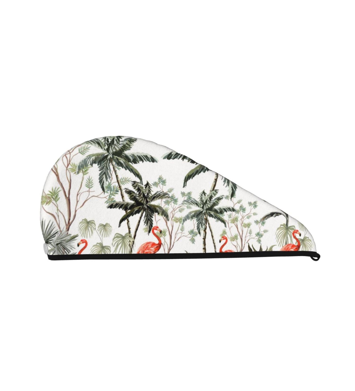 Microfiber Hair Drying Cap - Quick Drying Flamingo Palm Trees Towel for Curly Long & Thick Hair | Soft Absorbent Hair Wrap with Button - Buy Online on GoSupps.com