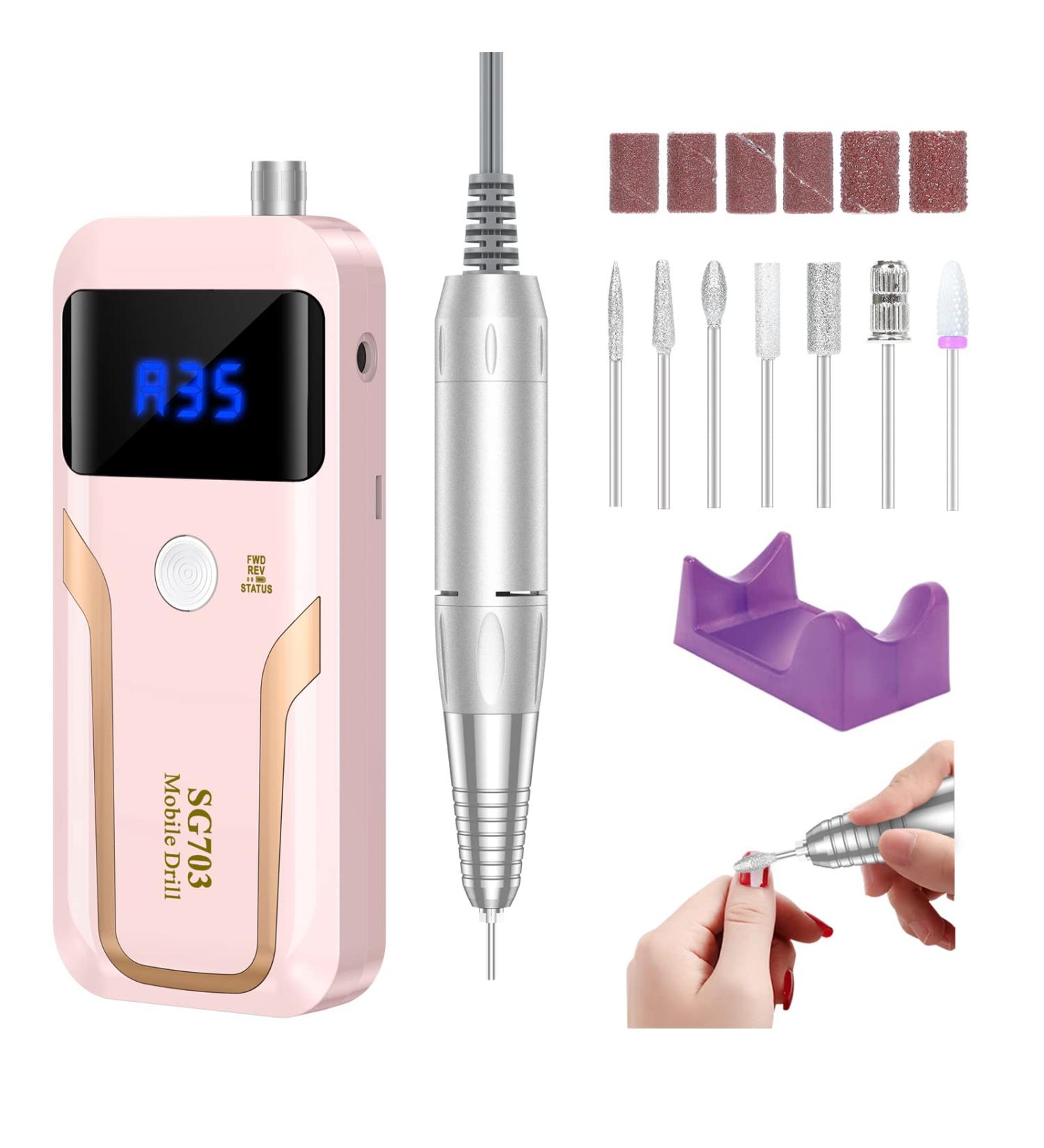 Portable Nail Drill Professional 35000 RPM Rechargeable Electric File for Acrylic Nails - Cordless Efile with Bits Kit in Pink | Ideal for Manicure Salon/Home Use - Buy Online on GoSupps.com