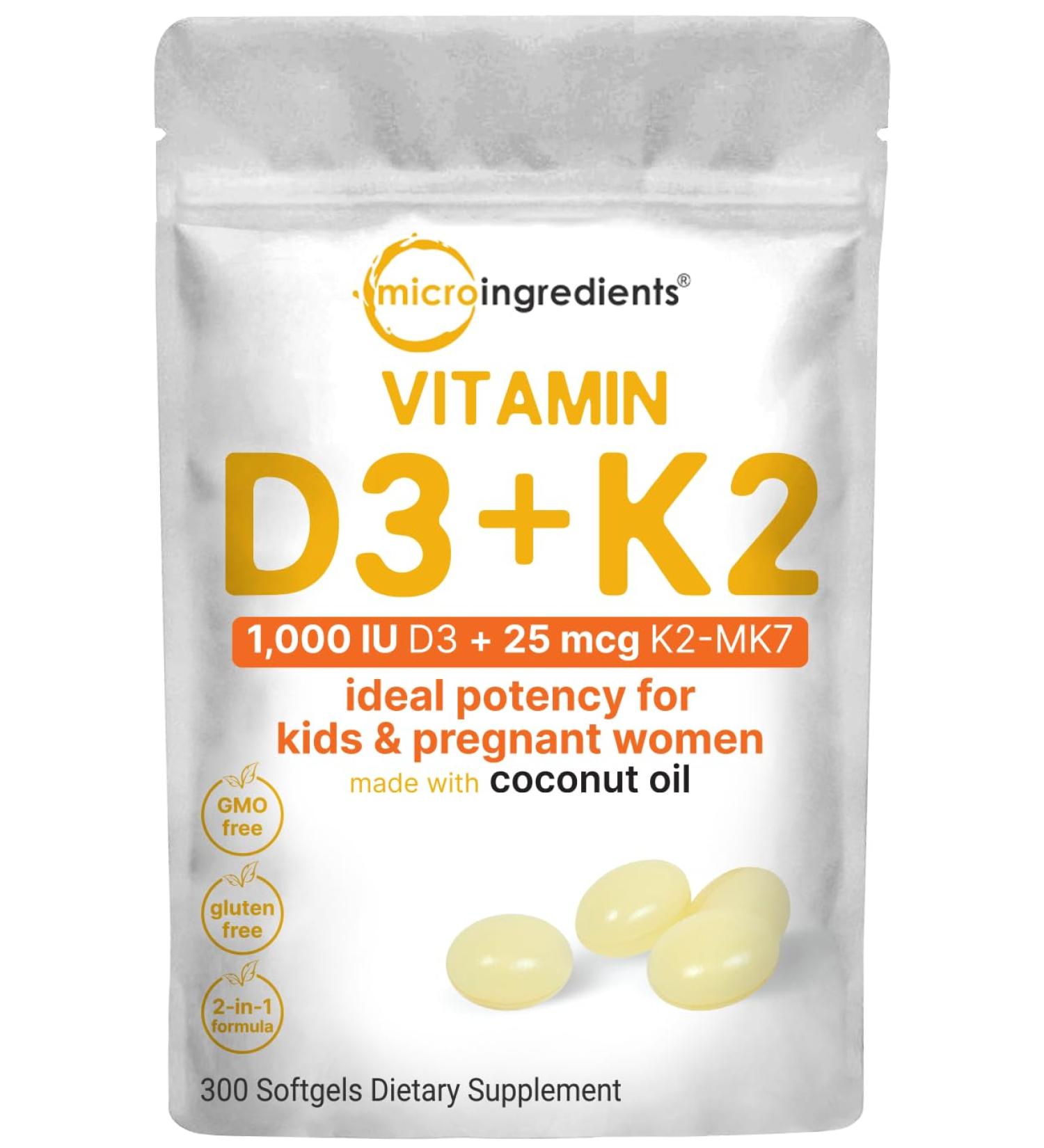Micro Ingredients Vitamin D3 1 000 IU + K2 MK-7 25 mcg 300 Softgels | Virgin Coconut Oil | 2-in-1 Bone Immune & Heart Support | Easy to Swallow Non-GMO 300 Count (Pack of 1) - Buy Online on GoSupps.com