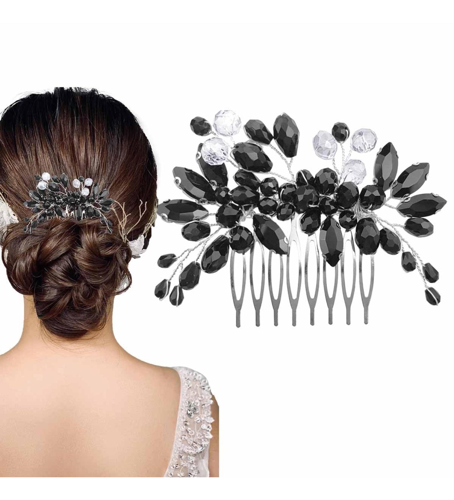 Black Crystal Bridal Hair Comb - Wedding Rhinestone Side Clip for Bride Prom Girl - Handmade Fashion Accessory - Buy Online on GoSupps.com