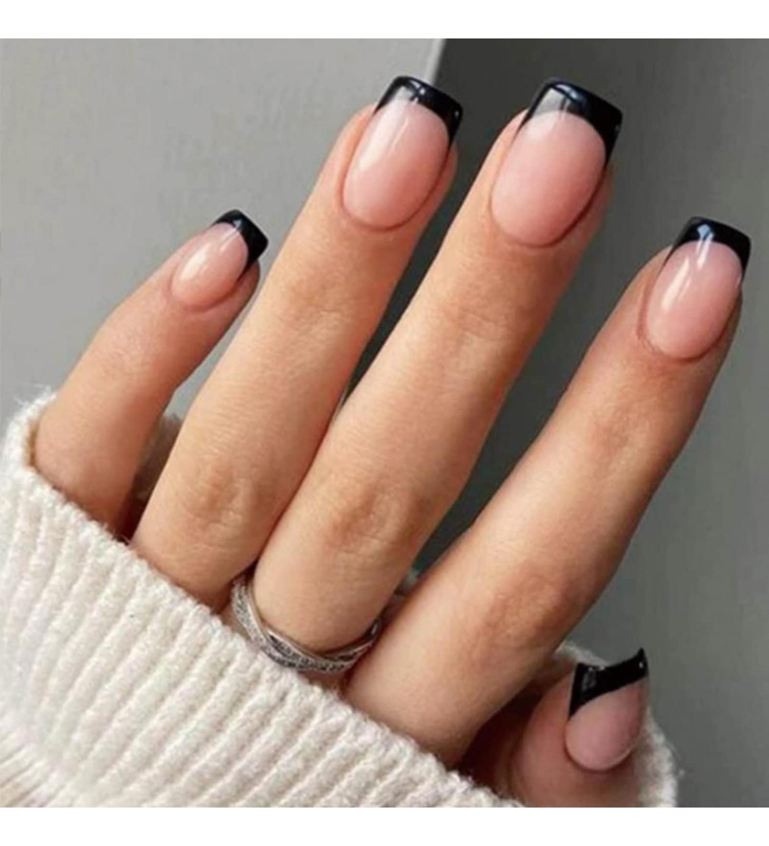Square False Nails Short 24Pcs Black French Fake Nails | Acrylic French Nail Tips with Jelly Glue | Squoval Stick on Nails for Women and Girls - Buy Online on GoSupps.com