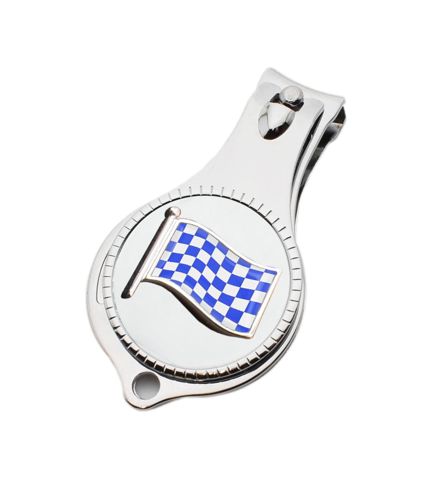 Blue Chequered Flag Design Pocket Metal Nail Clipper Bottle Opener with Personalised Engraved Message Presented in a Velvet Pouch - Buy Online on GoSupps.com