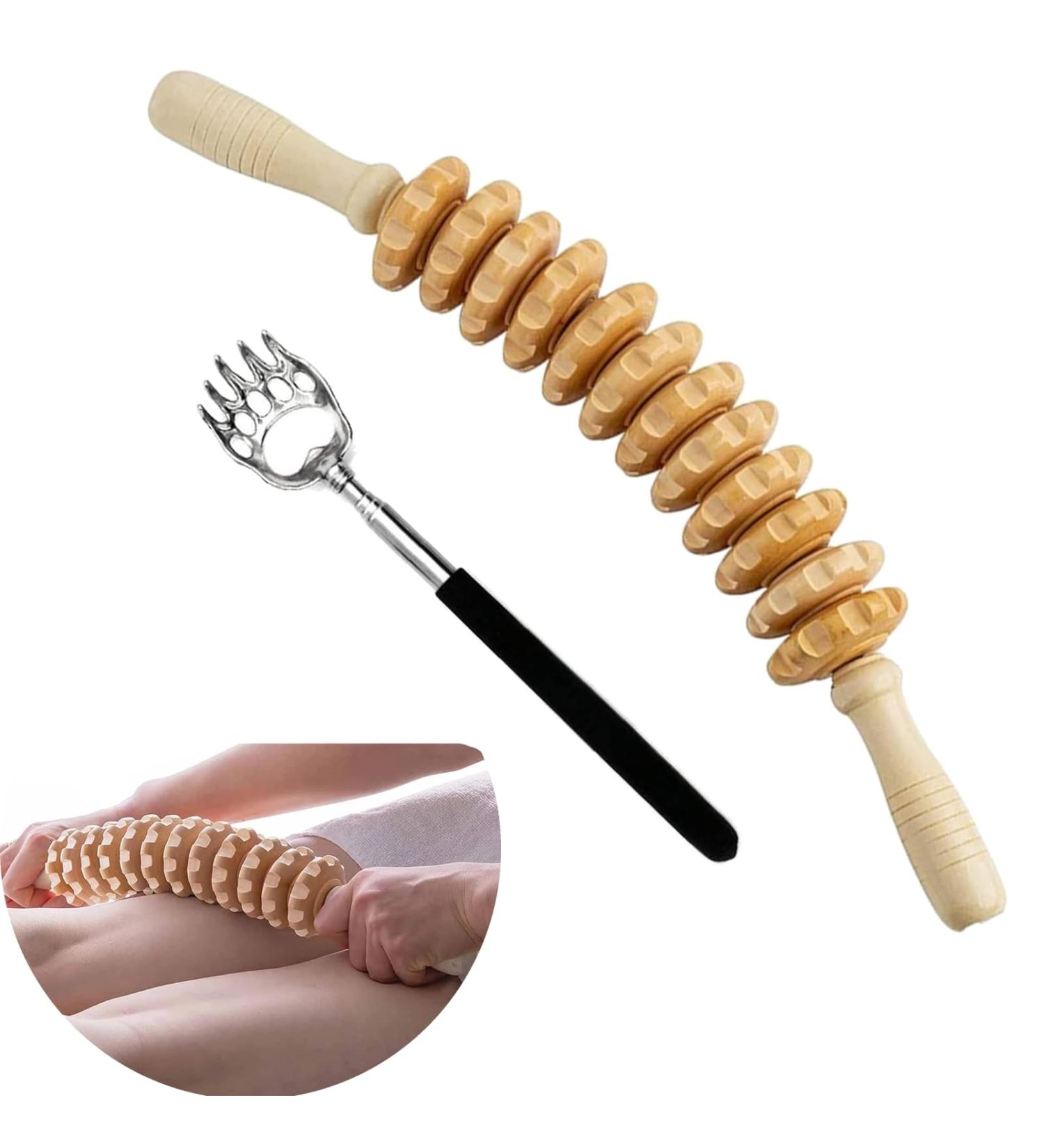 Premium Wooden Massage Roller - Fascia Stick with Handle for Neck Legs Back & Body Relief - Buy Online on GoSupps.com