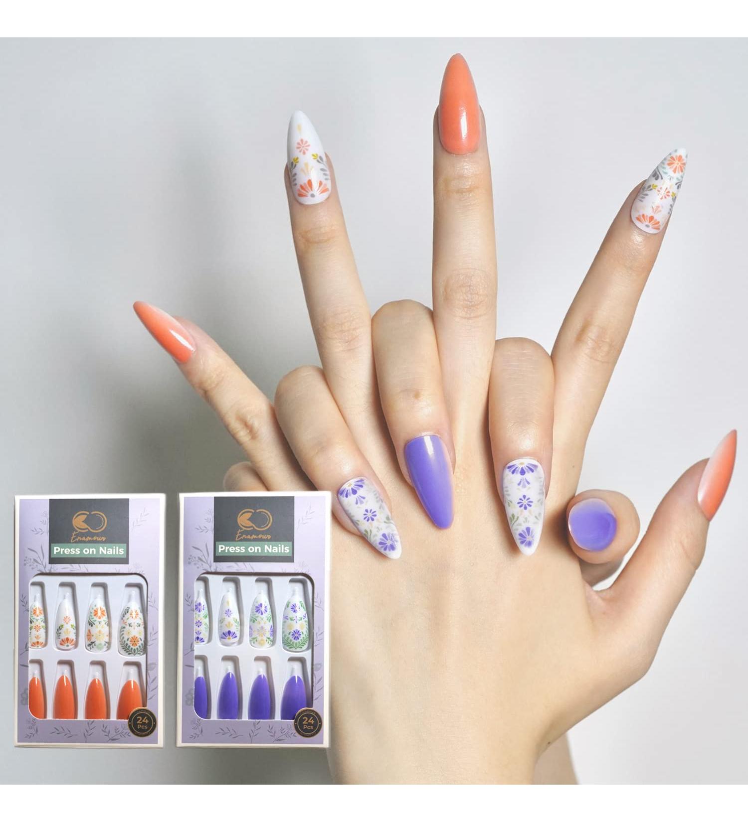 Enamour Almond Press on Nails Kit (2x24 Pcs) with Glue & Accessories - Medium Fake Nails Set for Women - Buy Online on GoSupps.com