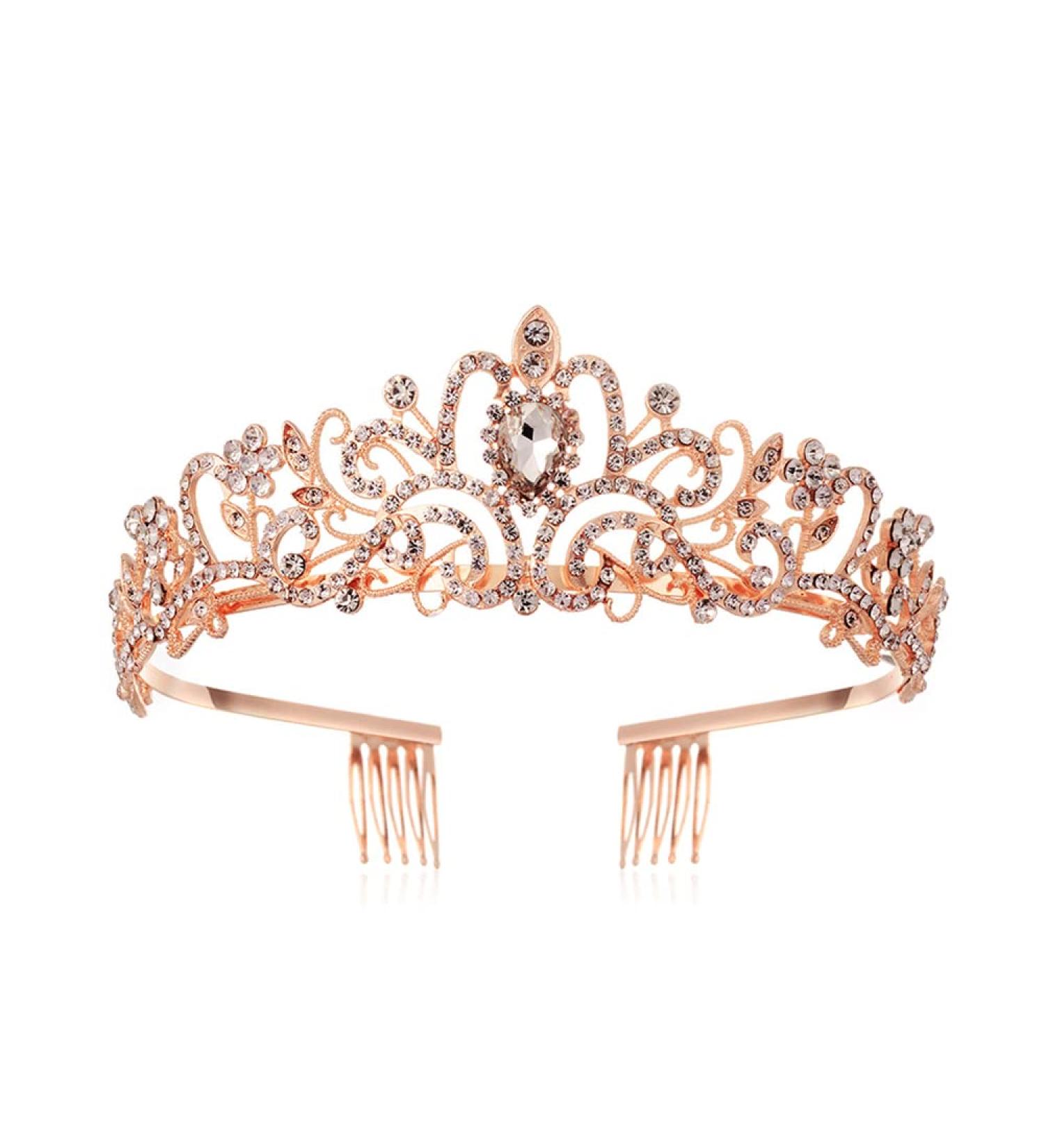 Elegant Rose Gold Wedding Tiara Crown - Crystal Rhinestone Bridal Princess Tiara with Comb for Wedding Prom & Birthday Parties - Buy Online on GoSupps.com