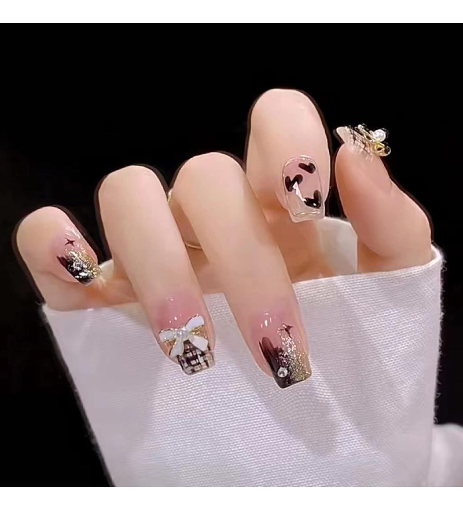 Black Flame Love Heart Bow with Diamond Shining Pearl Cute Cat 24pc False Nails Wearable Fake Nails Set Press On Nail with Glue QHH-169