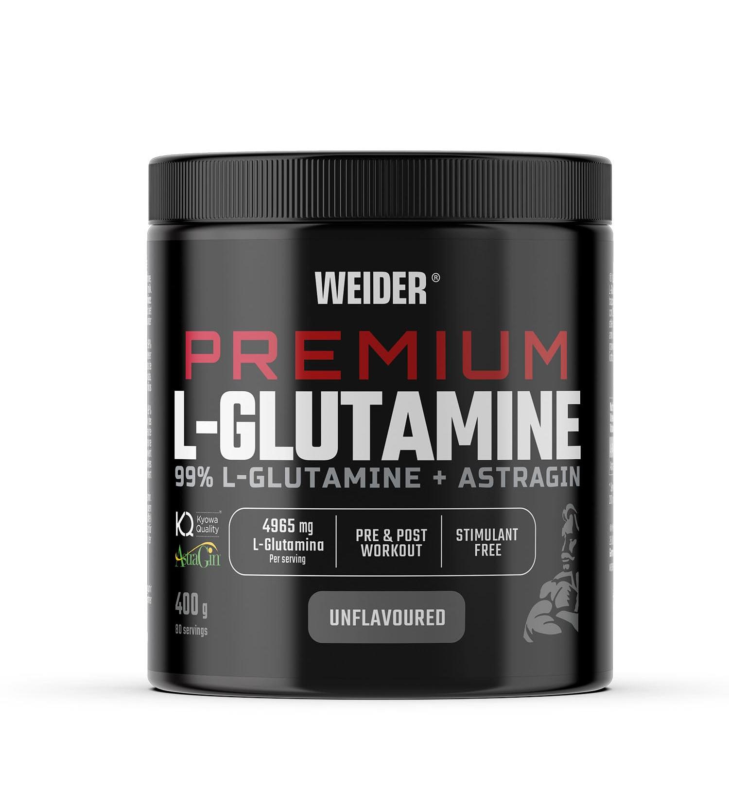 Weider Premium L-Glutamine (400 g) Neutral Taste 99% L-Glutamine Kyowa Quality + AstraGin for better absorption muscle protection volumizing effect pre & post training stimulant free - Buy Online on GoSupps.com