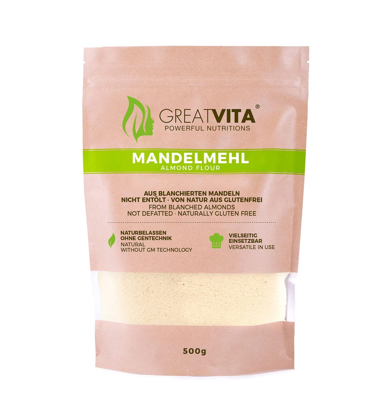 GreatVita Almond Flour - Natural Blanched Almonds 500g | High-Quality Ground Almonds for Baking & Cooking (1 Pack) - Buy Online on GoSupps.com