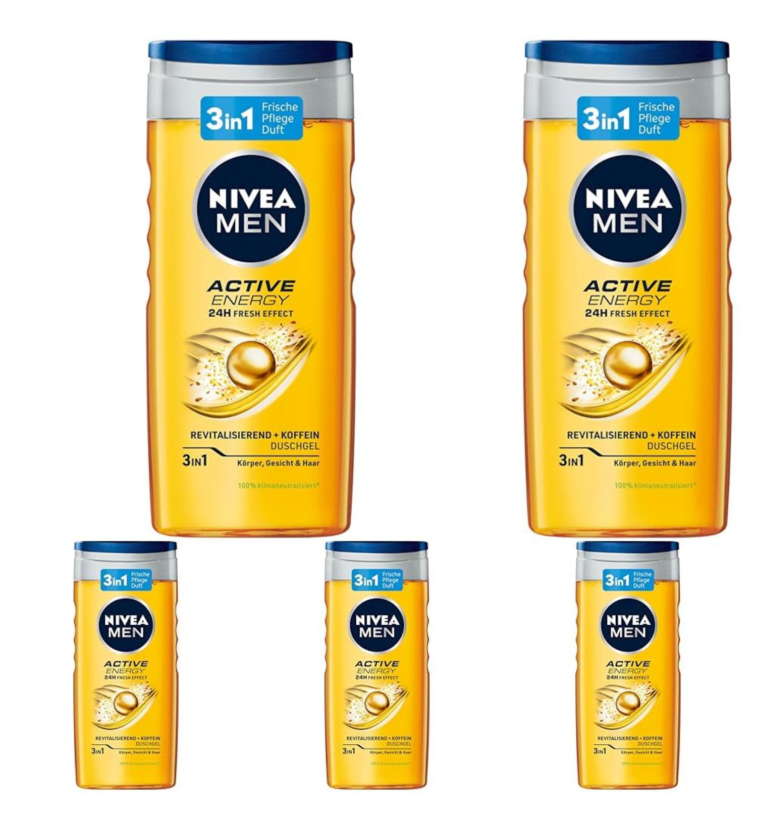 Nivea Men Active Energy Shower Gel (250 ml) pH-skin-friendly care shower with 24h freshness effect men shower gel with caffeine for body face and hair (pack with 5) 250 ml (5 Pack) Active Energy-New version