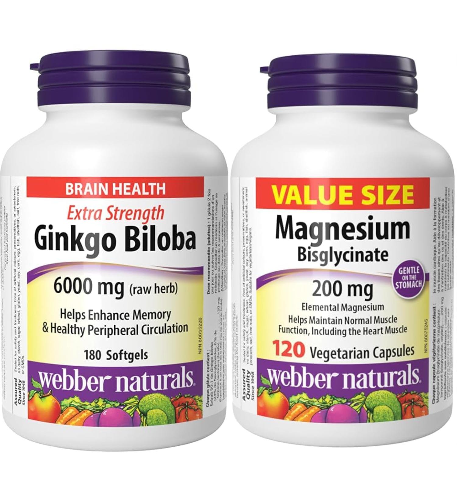 Webber Naturals Ginkgo Biloba 6000 mg 180 Softgels Helps Enhance Cognitive Function and Memory & Magnesium Bisglycinate 200 mg 120 Capsules Supports Bone and Muscle Functions Vegan Softgels + SUPPLEMENT s1101ed23 - Buy Online on GoSupps.com