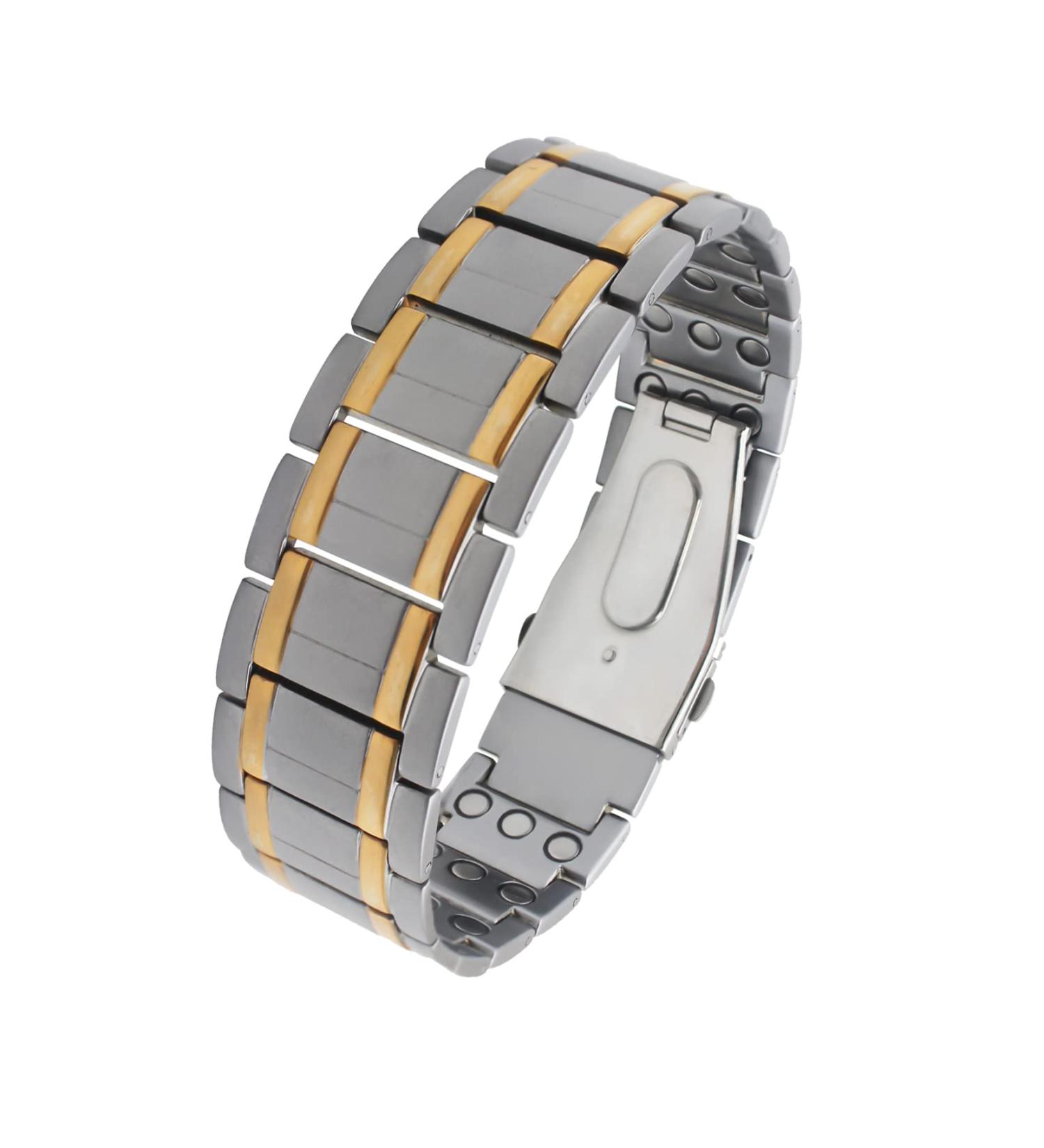 HyyMe Magnetic Therapy Bracelet Lymphatic Drainage Bracelet Mens Bracelets with 3 Rows 3500 Gauss Magnets Adjustable Length and with Professional Gift Box Men's Elegant Gifts (Silver gold) - Buy Online on GoSupps.com