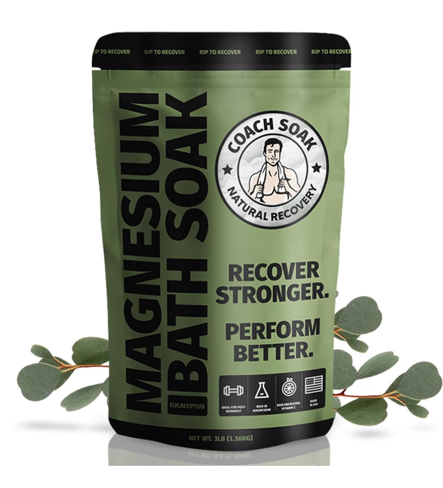 Coach Soak Recovery Bath: Natural Magnesium Flakes with 21 Minerals, Essential Oils, and Dead Sea Salts - Eucalyptus Tea Tree Blend for Post Workout Rejuvenation - Buy Online on GoSupps.com