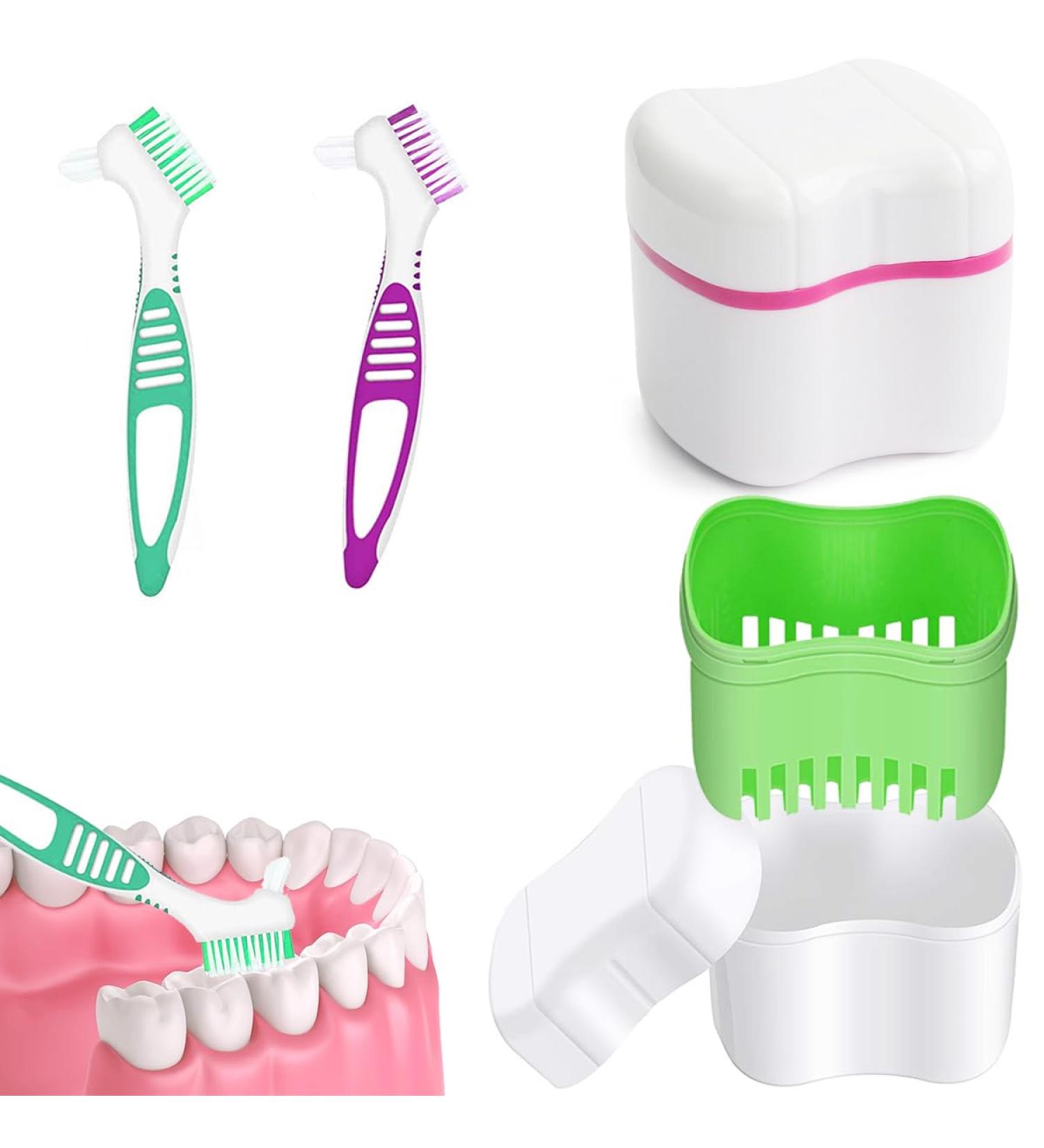 Buy Dental Prostheses Container Set - 2 Denture Boxes & Cleaning Brushes for Teeth & Braces Storage - Green & Pink | International Shipping Available - Buy Online on GoSupps.com