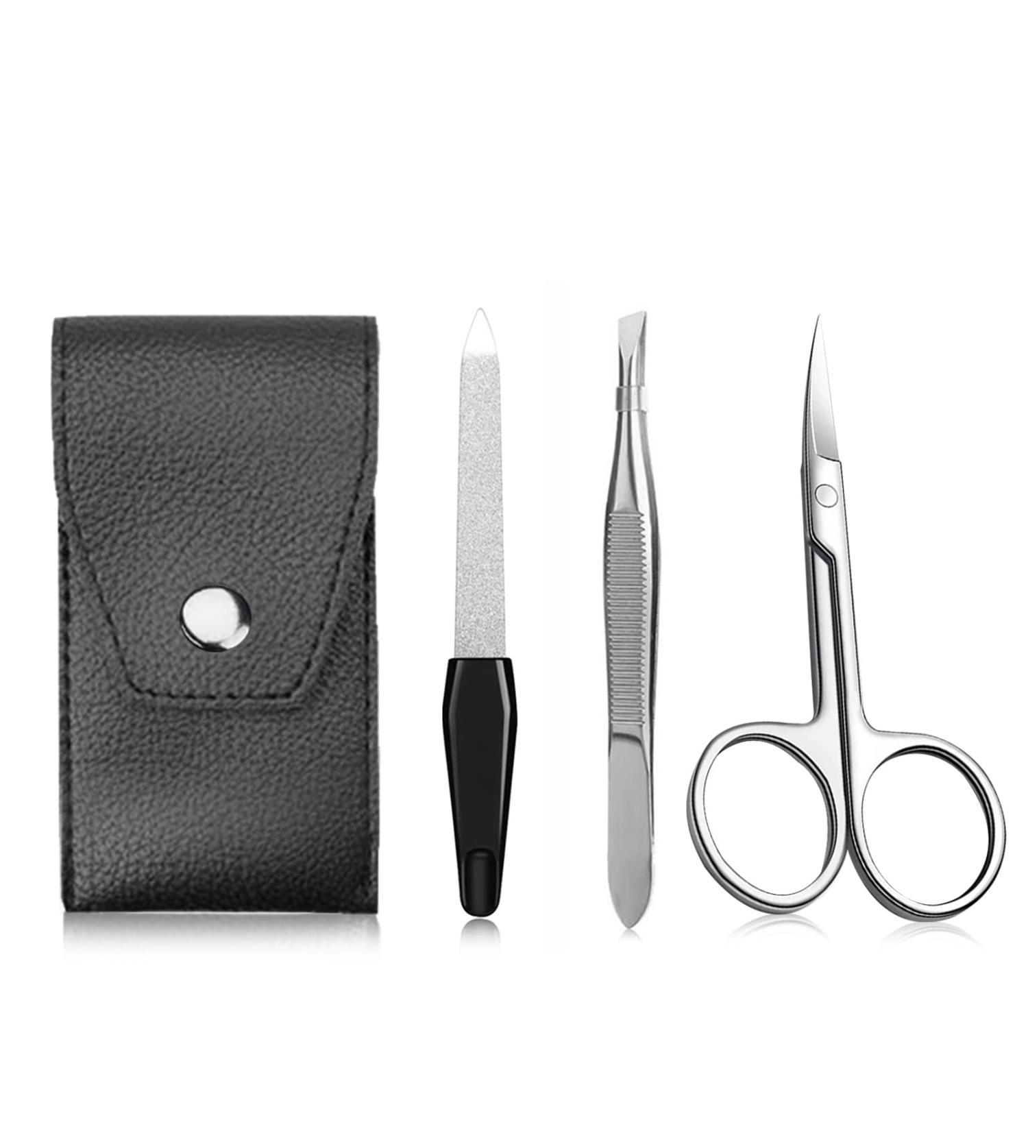 3-Part Manicure Set | Stainless Steel Nail Scissors Files & Tweezers | Nail Care Kit with Leather Case for Men & Women - Black - Buy Online on GoSupps.com