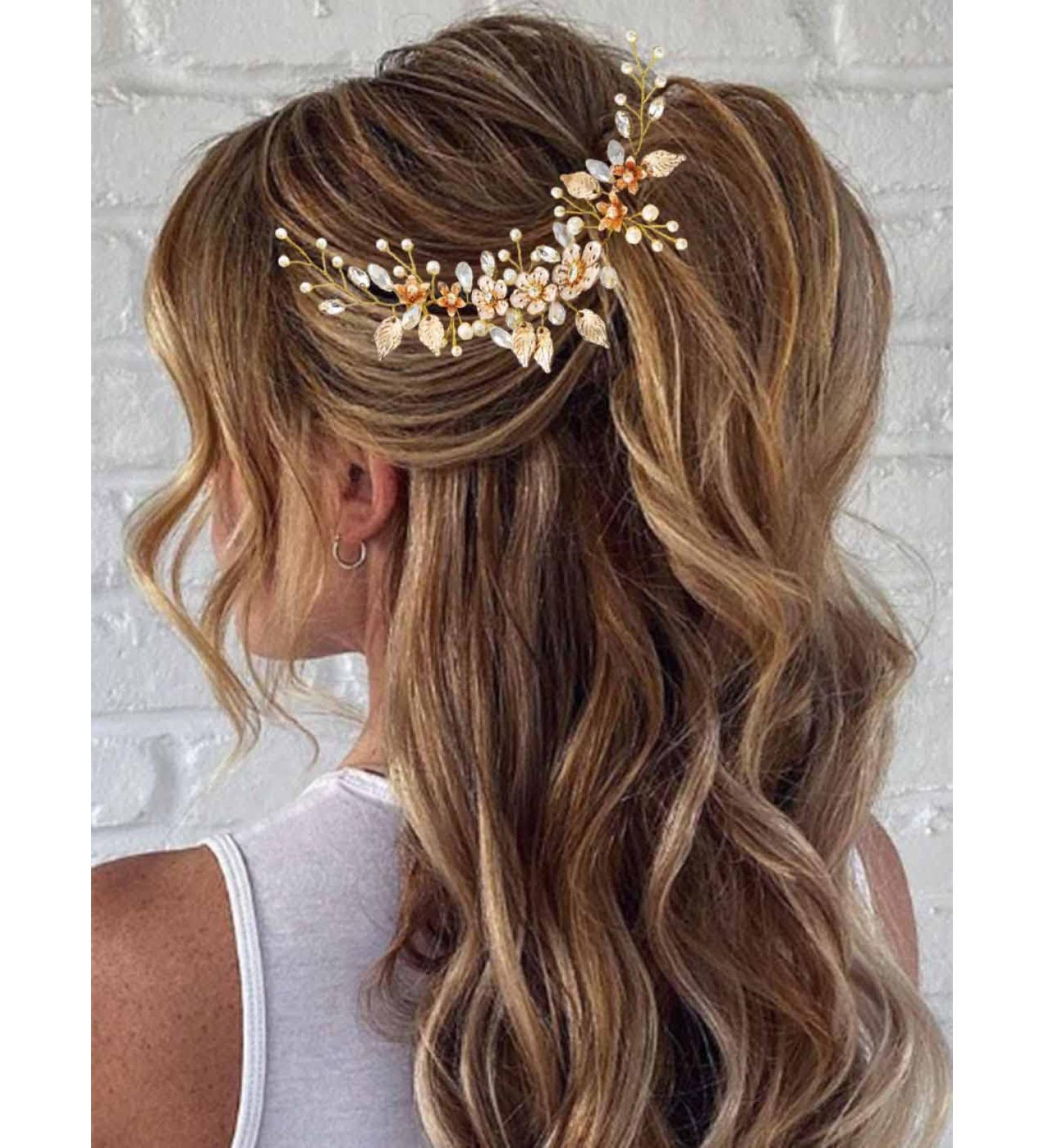 Flower Bride Wedding Hair Comb with Rhinestones and Pearls - B Gold - Buy Online on GoSupps.com