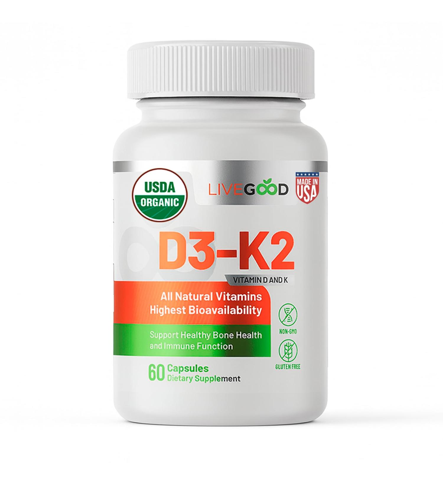 LIVEGOOD Organic D3 K2 Supplement 2000 IU Vegan Capsules with MK-7 Pure Vitamin D3 with K2 for Immune and Bone Support Made in The USA Organic D3 K2 Formula (60 Count) - Buy Online on GoSupps.com